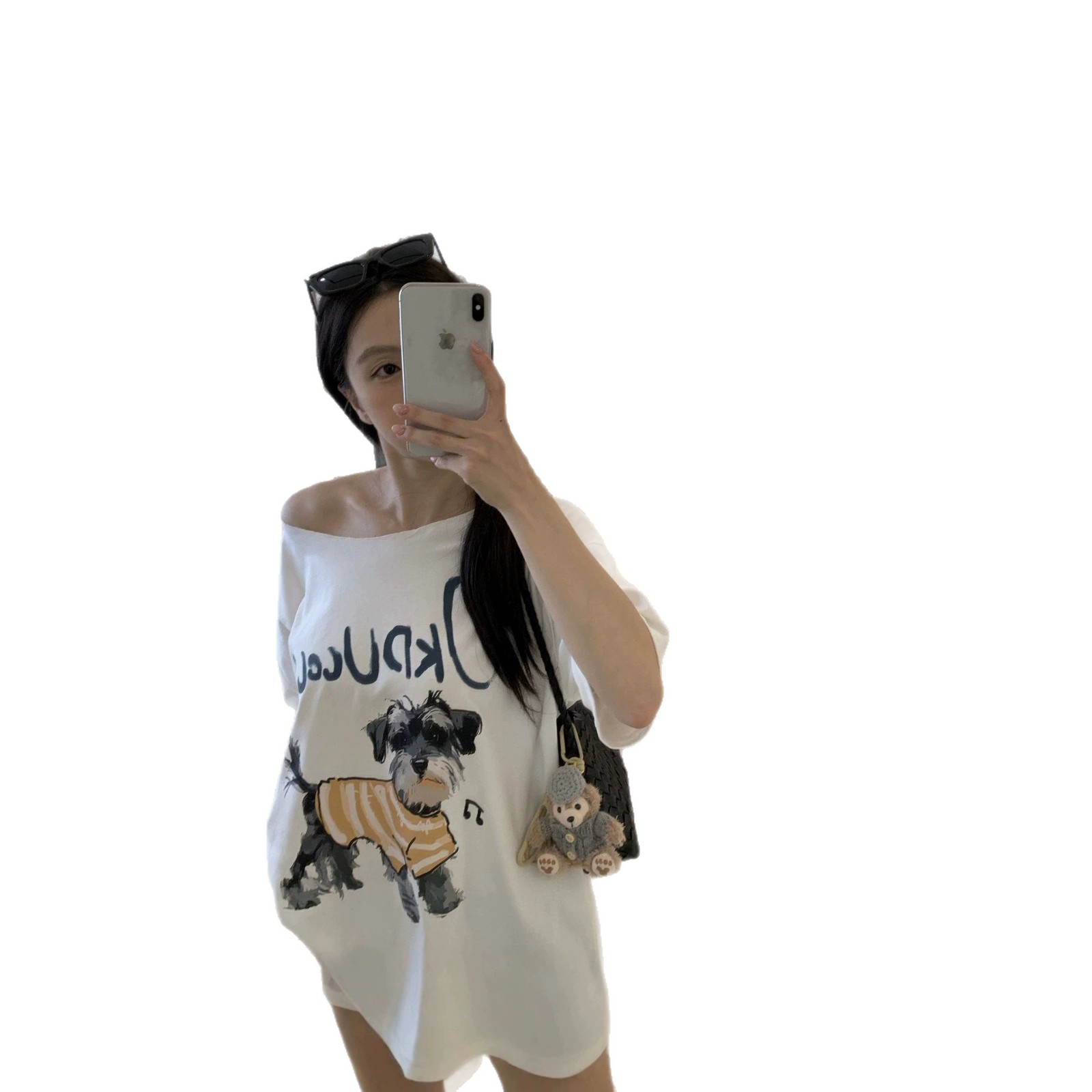 Cute Dog Print Asymmetrical Shoulder Short Sleeve T-Shirt — image 1