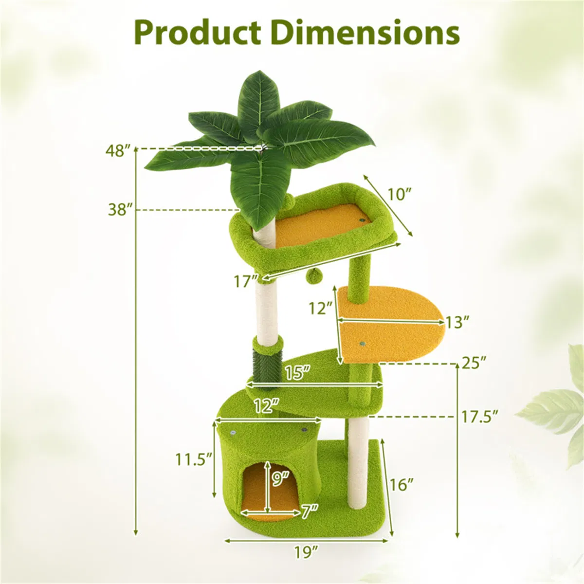48" Cat Tree with Tropical Leaves - Self-Groomer & Scratching Posts, Space-Saving (Green+Orange) — image 2