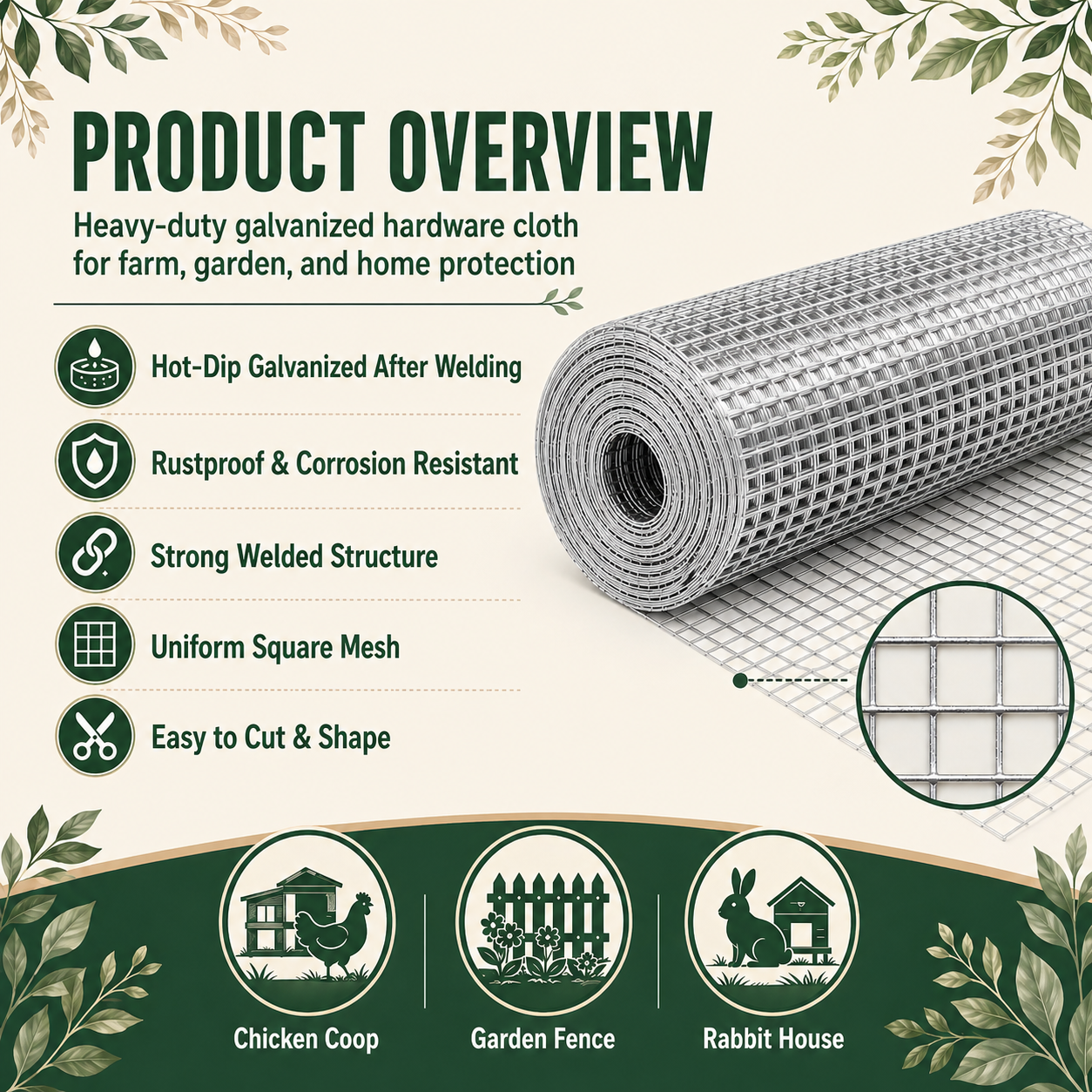 Malla Metálica Blanca de 24in x 100ft, Rollo de Alambre de Gallinero Soldado de 1/2 Pulgada, Cerca para Jardín y Plantas, Apta para Gallineros y Renovación del Hogar — imagen 10