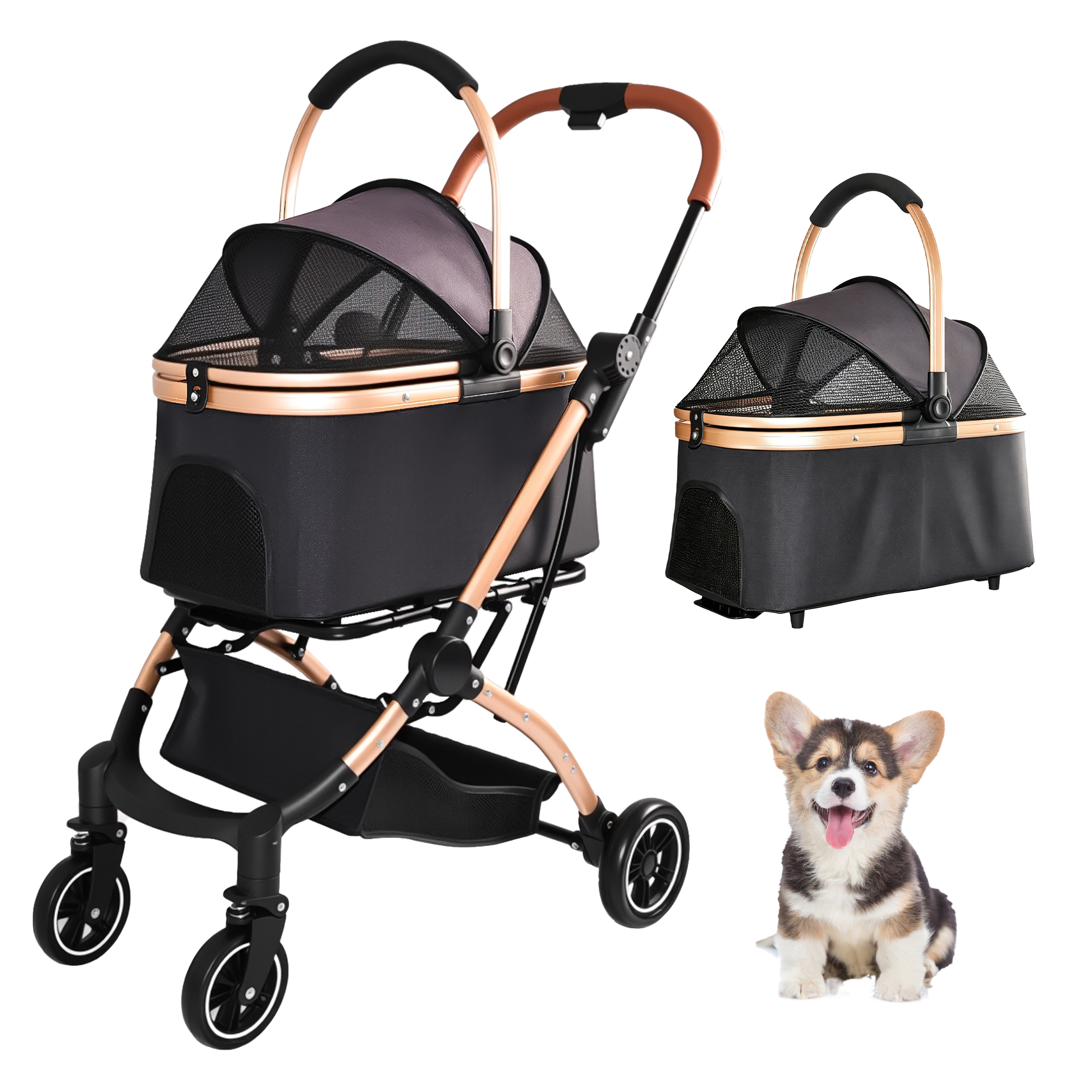Pet Stroller for Dogs and Cats, 2-in-1 Detachable Foldable 4 Wheels Pet Stroller, Quick One-Hand Fold, Storage Basket, Detachable Carry Basket with Sun Canopy(Black+Gold) — image 18