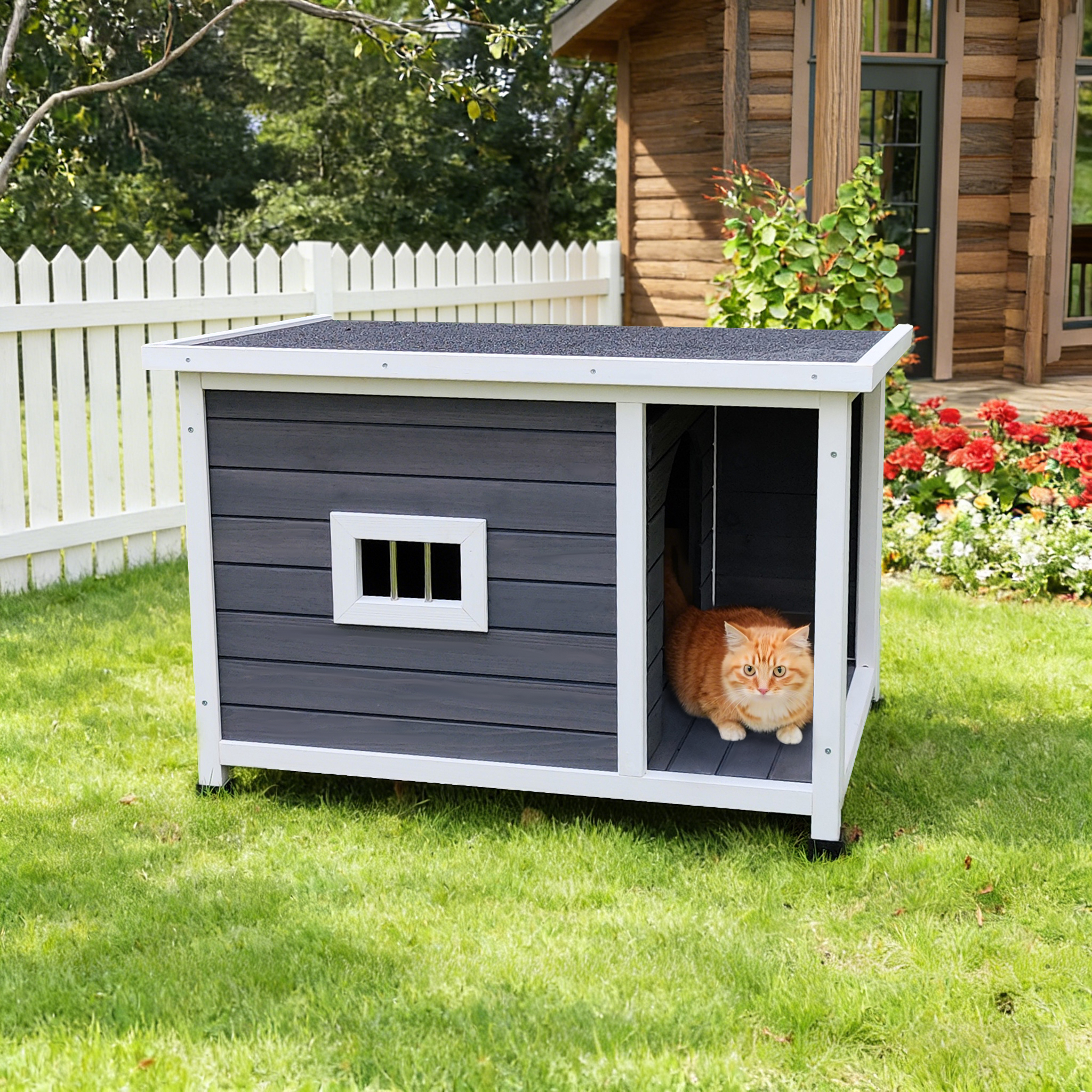 Casa de Gato Exterior Gris con Techo Impermeable, Ventanas Ventiladas y Soporte Metálico Resistente - Un Albergue Espacioso y Elegante para Mascotas — imagen 2