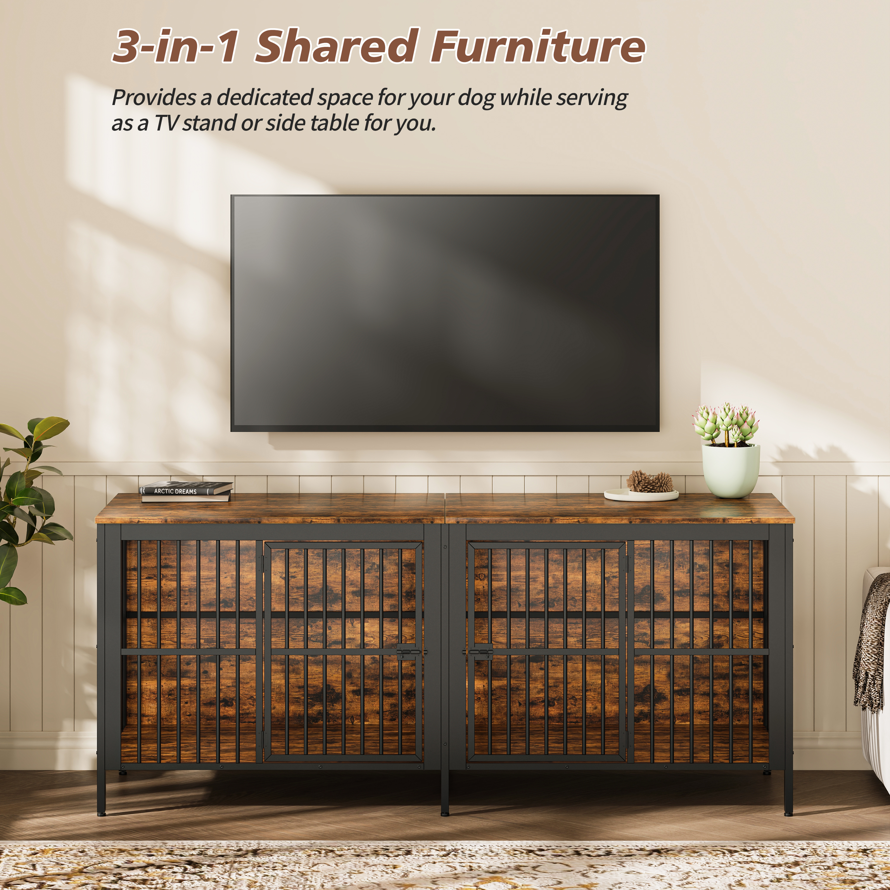 80 Dog Crate End Table, Heavy Duty 2-Door Indoor Pet Kennel, Multipurpose Dog House Furniture As TV Stand Or Side Table For Living Room, Large & Medium Dogs. Rustic Brown — image 5