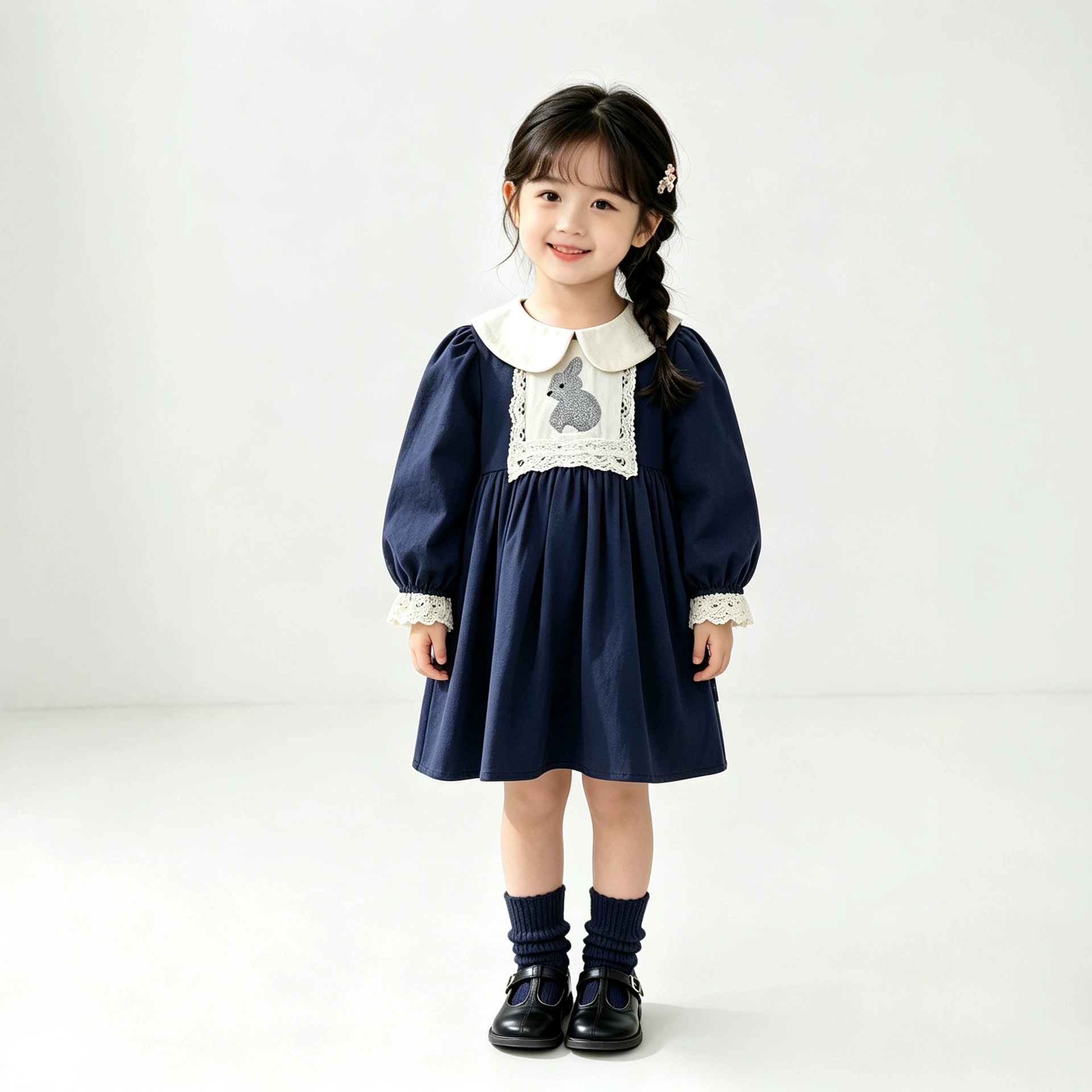 Children's Dress Peter Pan Collar Rabbit Embroidery Long Sleeve — image 4