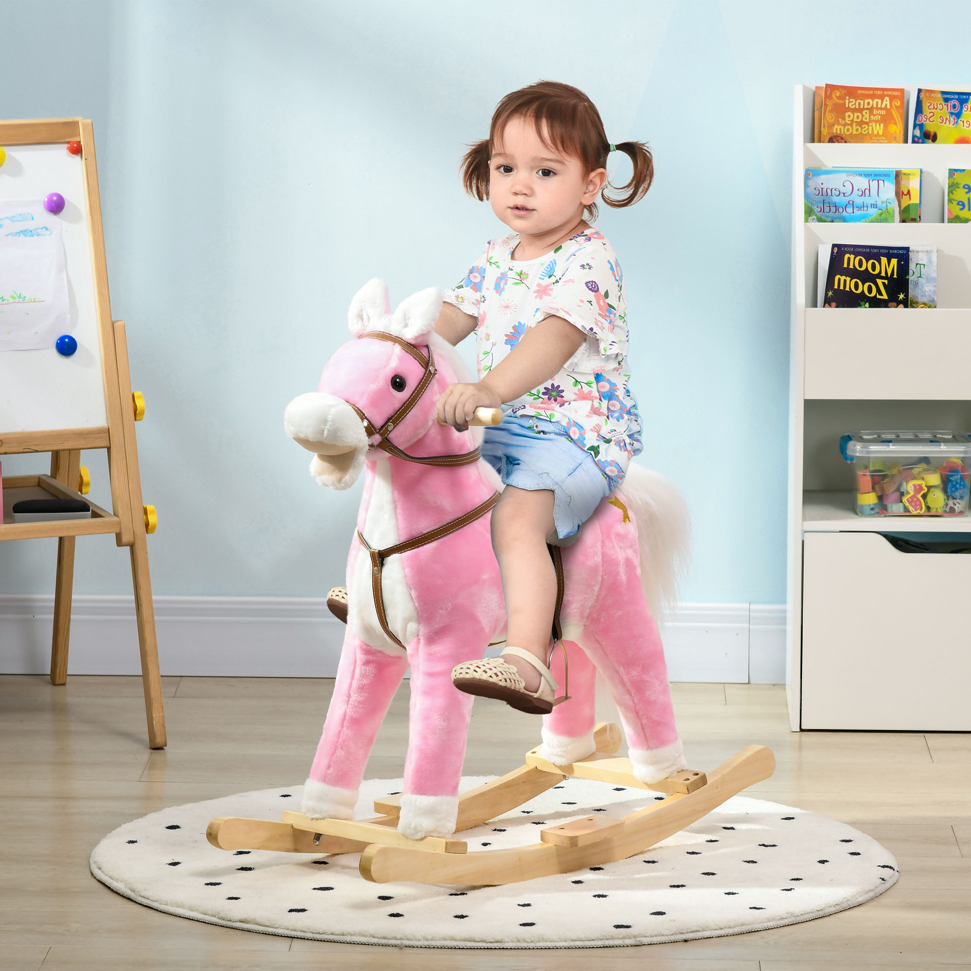 Caballo de Madera que Se Balancea para Niños con Sonido y Silla Rosa