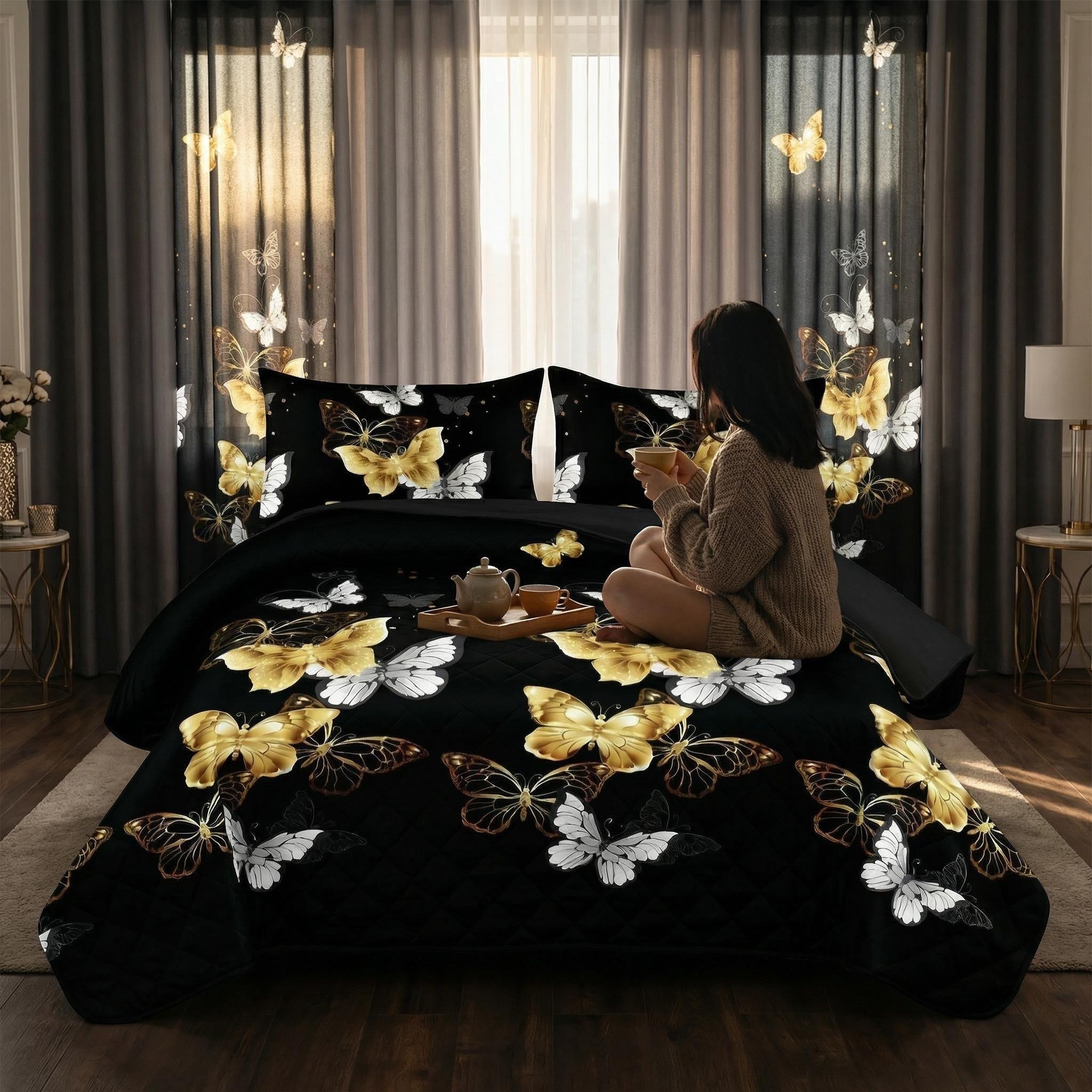 Set de Edredón y Cortinas de 9 Piezas 'Habitación en una Bolsa', Diseño Americano con Estampado de Mariposas Negro y Dorado, Colcha Gruesa con 6 Paneles de Cortina Personalizables, Apto para Mascotas de Alto Gramaje — imagen 6