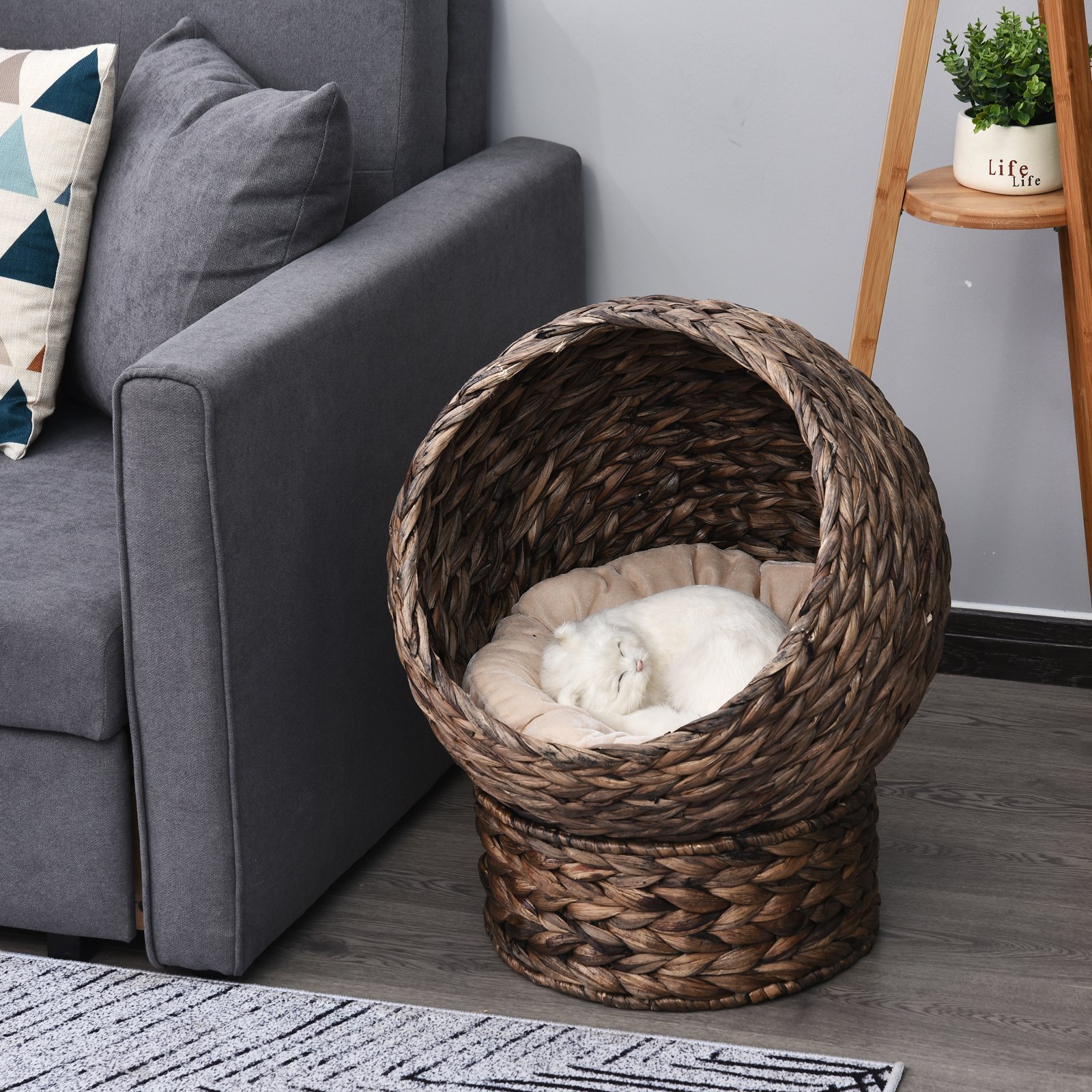 Cama para Gatos tejida a mano con cesta rotativa y almohadilla suave, silla de paja para gatos elevada con base marrón — imagen 2
