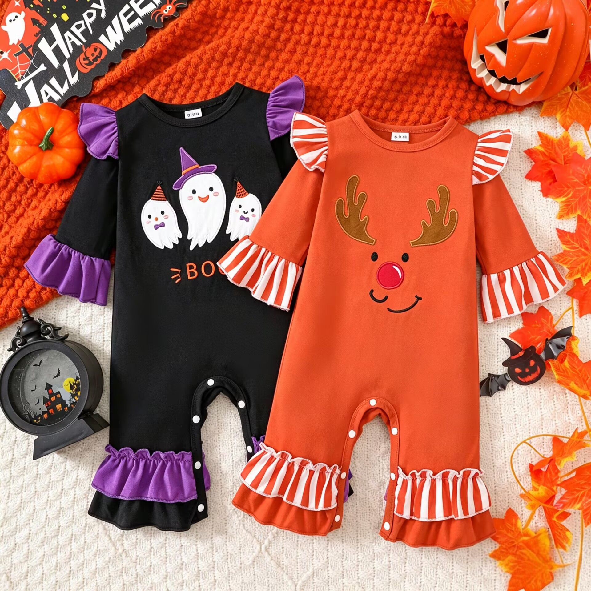 Infant Halloween Romper with Ruffle Ghost Deer Embroidery Long Sleeve Onesie Baby Outerwear Crawling Suit — image 2