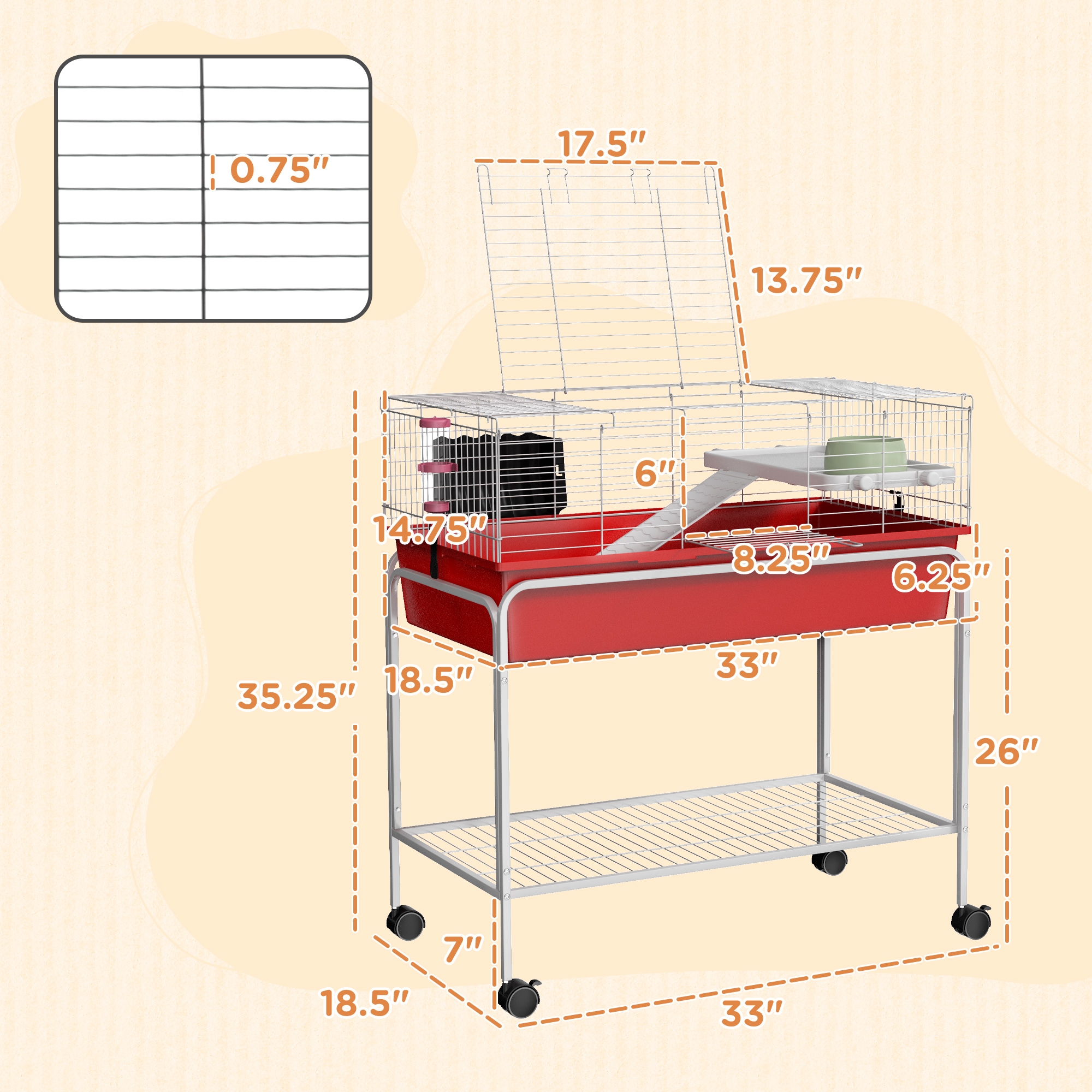 Two-Story Small Animal Cage Removable From Stand, Pet Habitat With Shelf & Wheels, 33" X 18.5" X 35", Red — imagen 2