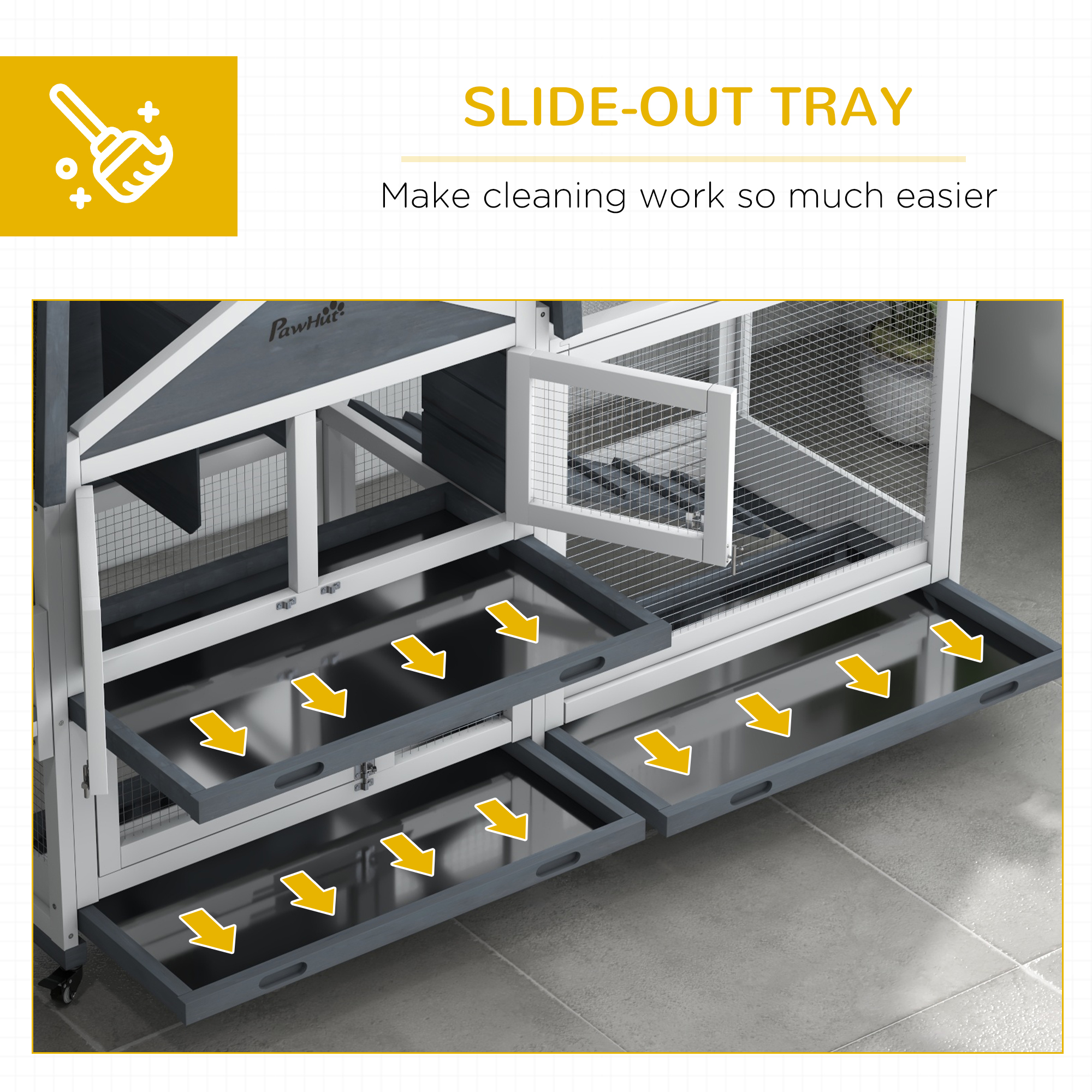 Conejera de Madera de 65", Corral para Mascotas con Techo Abatible y Caja de Almacenamiento para Conejos y Animales Pequeños, Gris — imagen 7