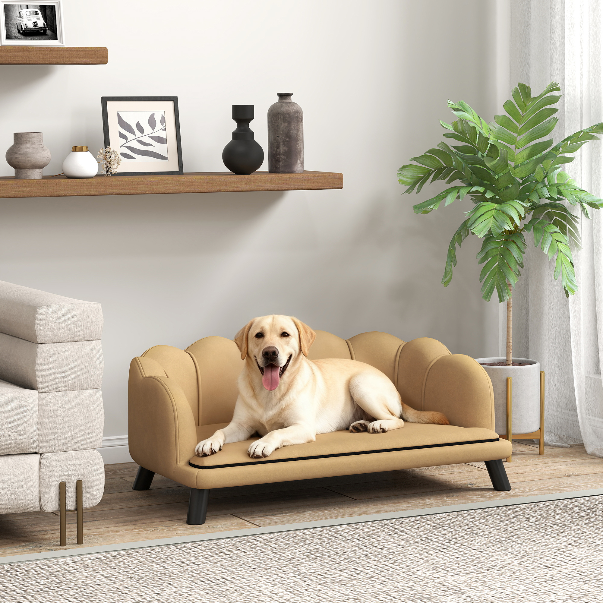 Sofá de Perlas para Perros de Mediana y Gran Tamaño, Cama para Mascotas con Almohada y Patas de Madera Sólida, Café — imagen 1