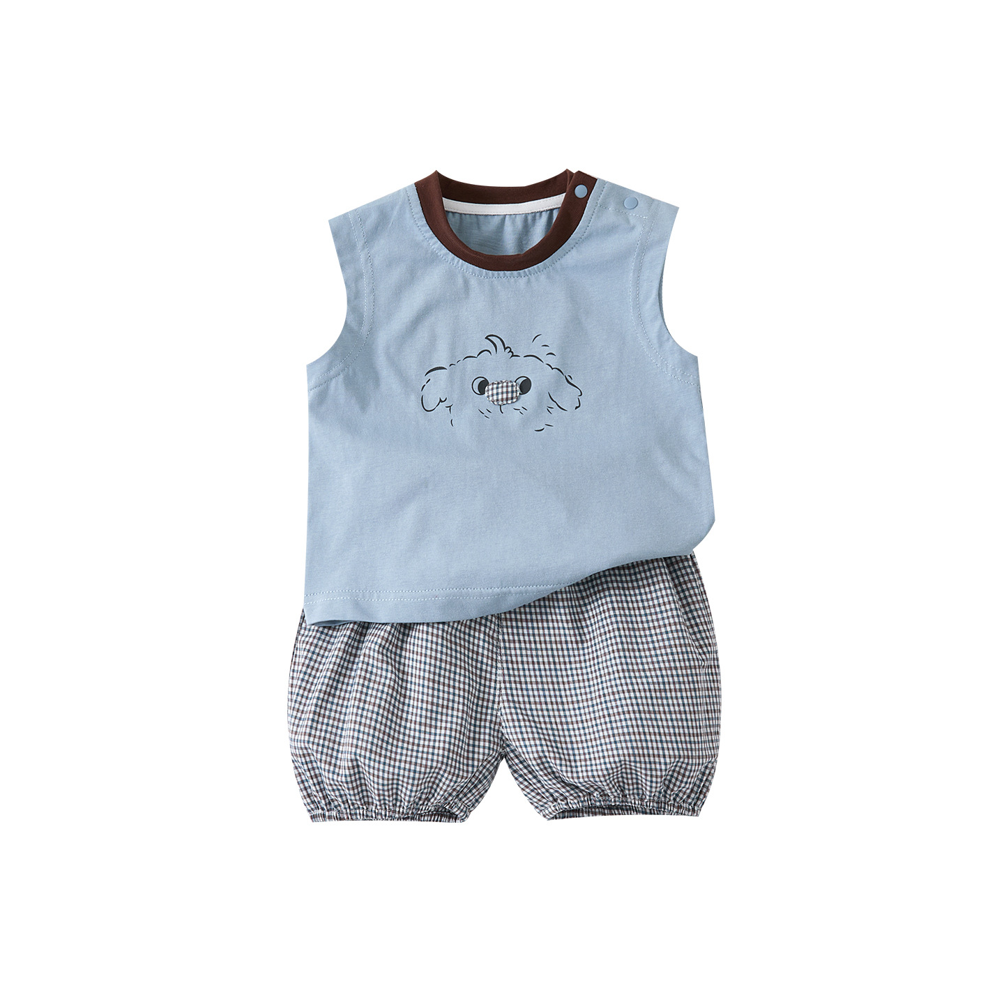 Baby Cartoon Dog Outfit Set Printed Vest and Checkered Shorts Two-Piece Set — image 1