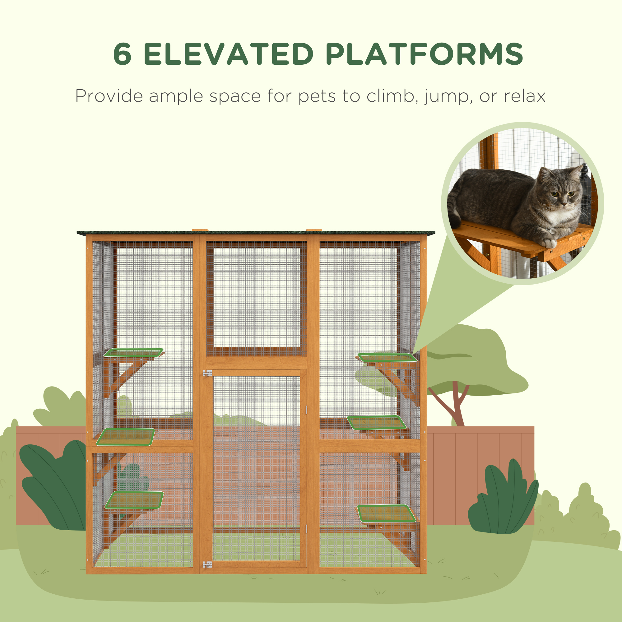 Casa de Jardín para Gatos Exteriores con Gran Patio, Refugio para Félidos en Madera con Techo de Asfalto Impermeable y 6 Alturas — imagen 2