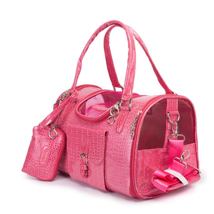 Porta perros de PU de cocodrilo con diseño de bolsa de mano en rosa y negro, con cierre ajustable y asas reforzadas para viajes seguros — imagen 2