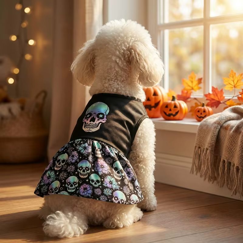 Halloween Gradient Skull Dog Tutu Dress Purple Floral Skirt Puppy Girl Princess Costume For Small Medium Dogs Cats Holiday Gift — image 1