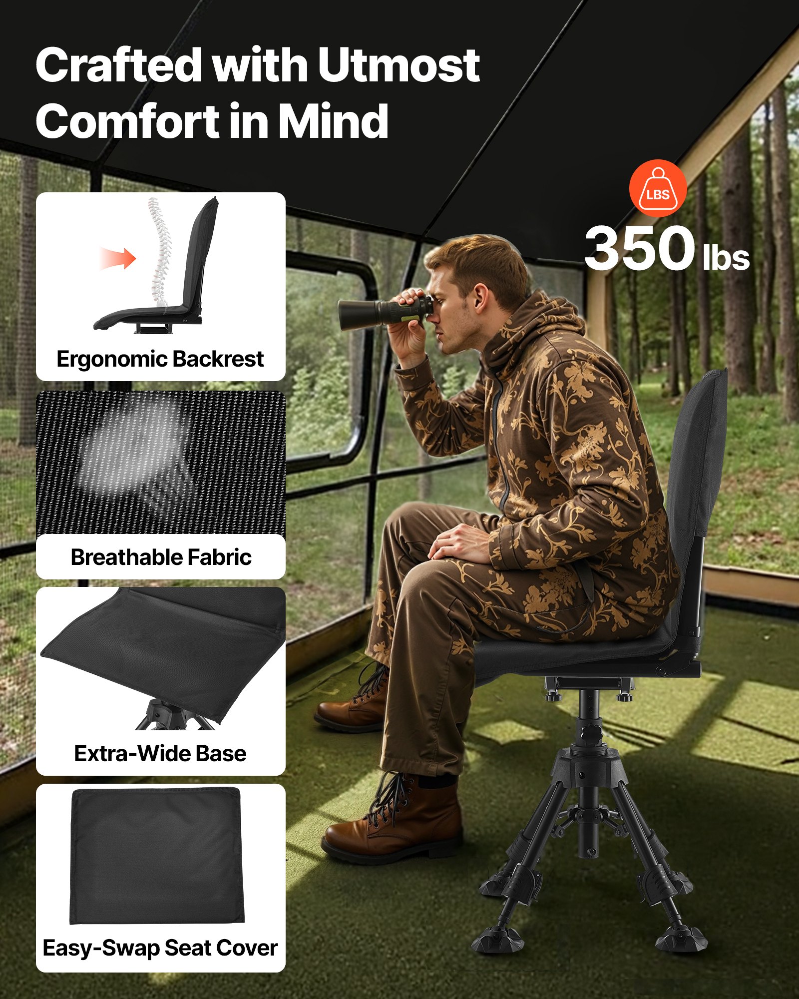Silla de Caza Silenciosa 360°, Asiento Portátil Reclinable con Cadena de Soporte, Estructura de Acero Resista, Cubierta de Asiento Removible, Pies Antideslizantes, Ajuste de Altura, Capacidad 158 kg para Pesca — imagen 2