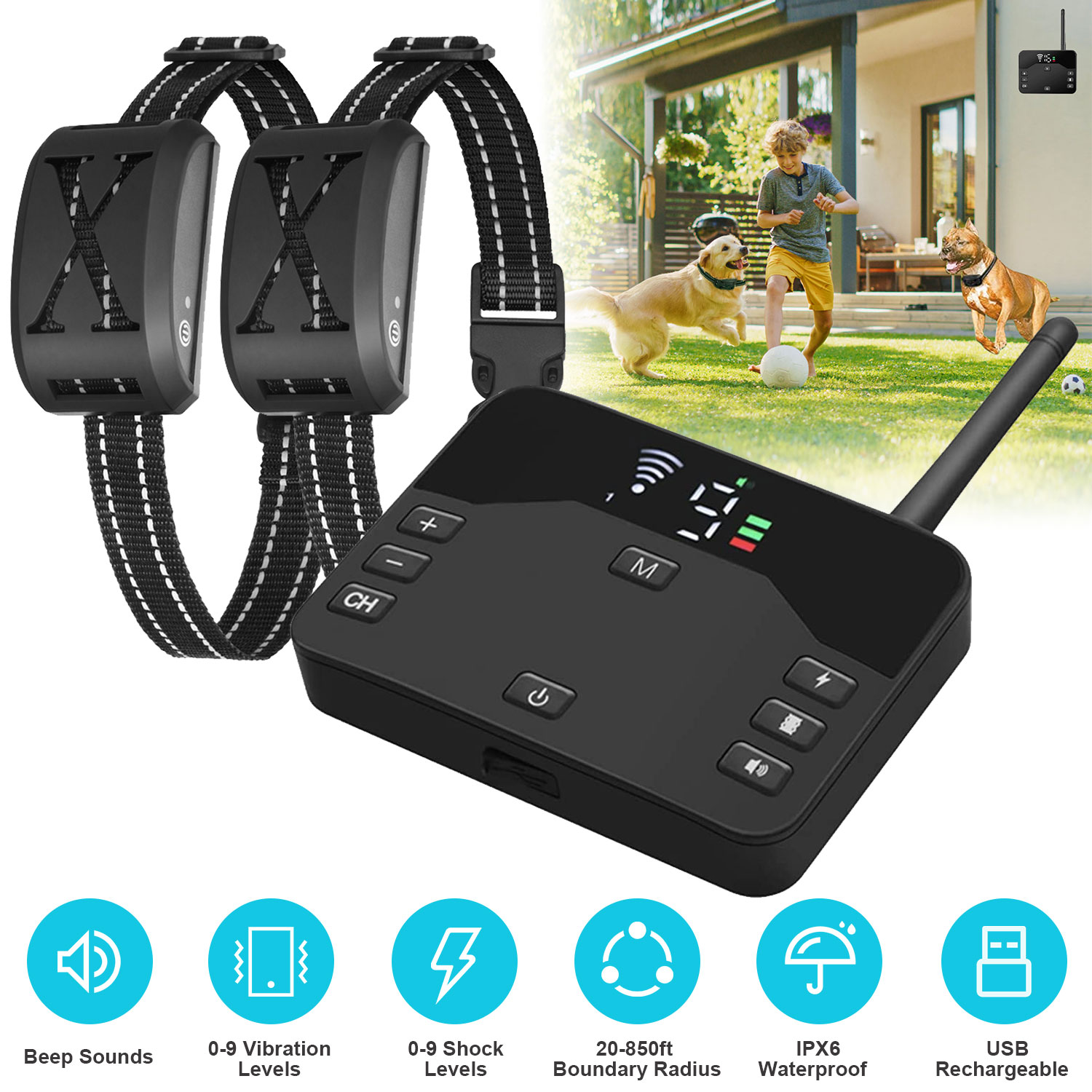 Cerca Eléctrica Inalámbrica para Perros 2 en 1 a Prueba de Agua, Sistema de Contención con Descarga para Mascotas, Collar de Entrenamiento Eléctrico con 2 Collares Receptores Para Perros Pequeños, Medianos y Grandes — imagen 1