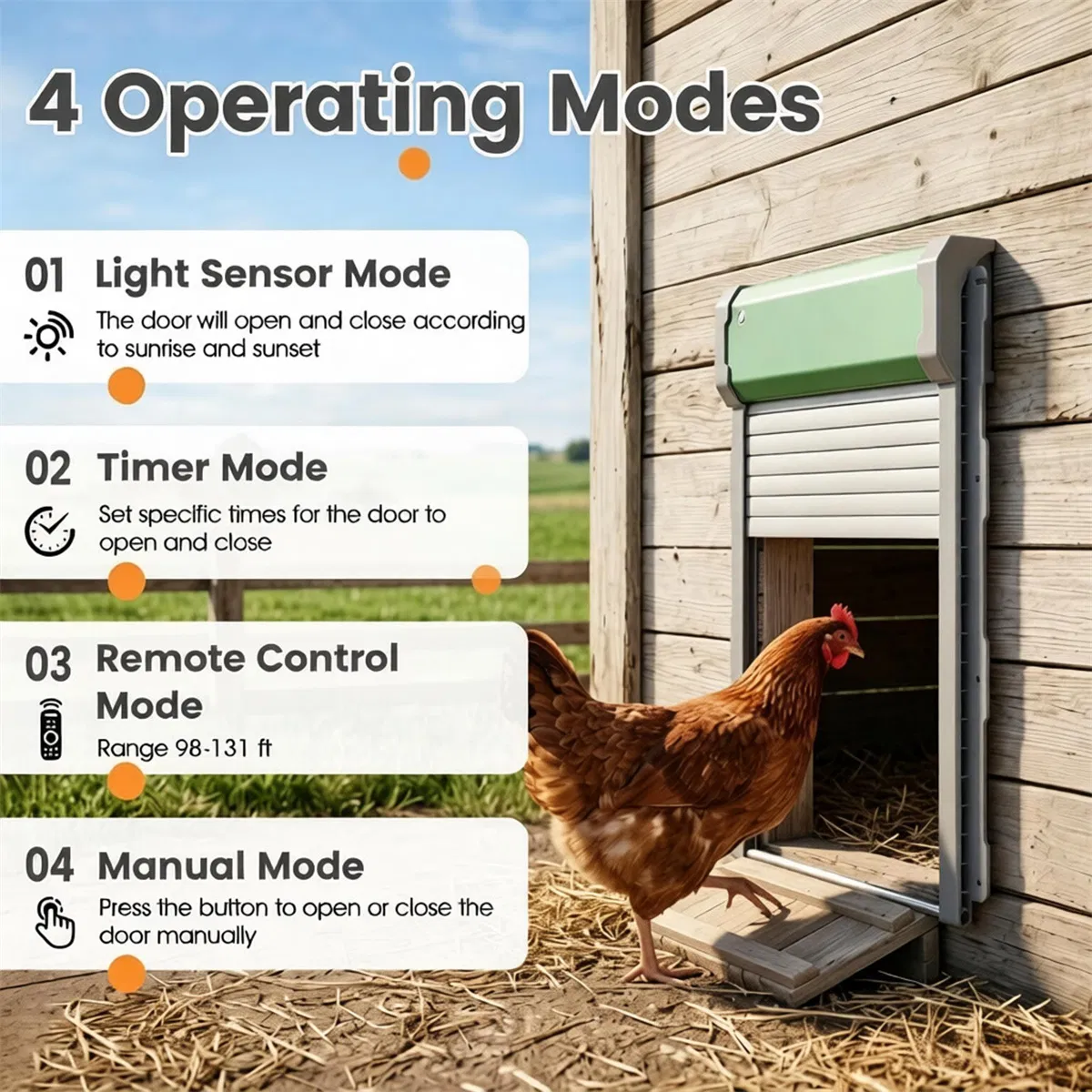 Solar Powered Automatic Chicken Coop Door with 4 Modes Light Sensor Timer Remote Control, Anti-Pinch Weatherproof Aluminum Opener for Chickens Ducks Rabbits Poultry — image 2