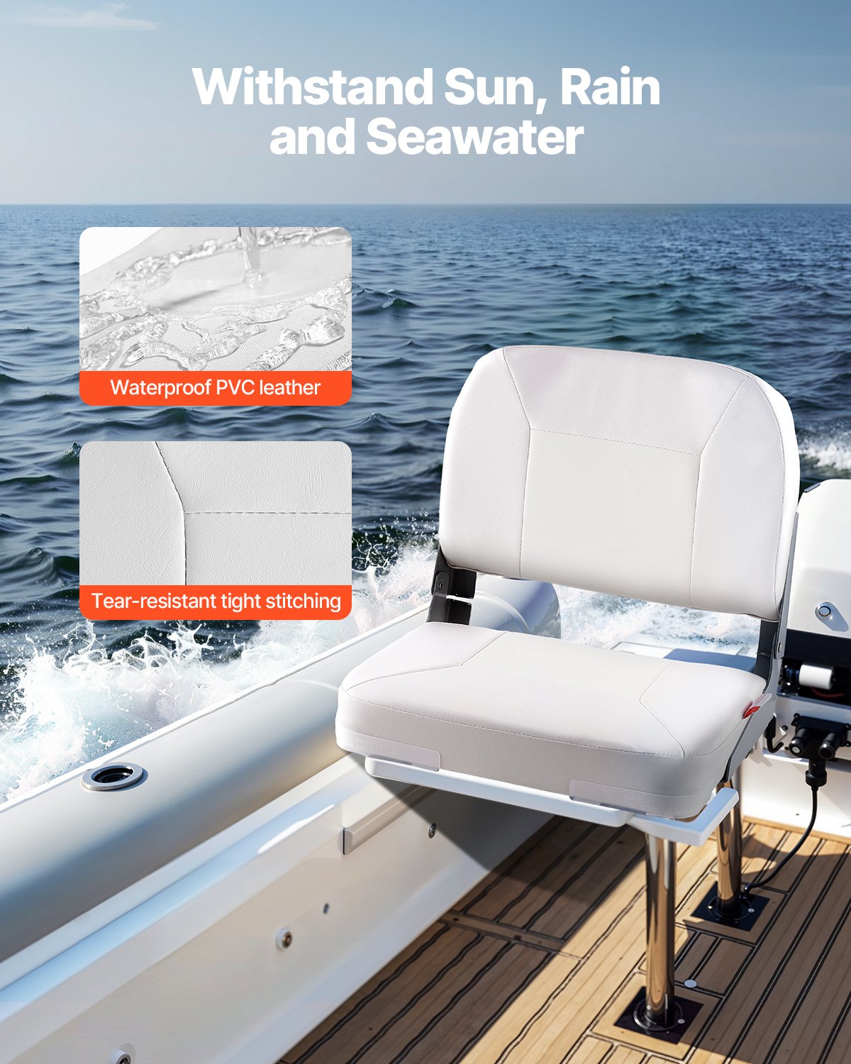 Asiento de Barco, Espalda Baja, Asiento Plegable para Pesca con Cubreto y Cushión de Espuma Espesa & Cuero PVC Impermeable, Articulaciones de Aluminio, Asiento que Se Levanta para Lanchas, Yates, Naves, Blanco — imagen 3