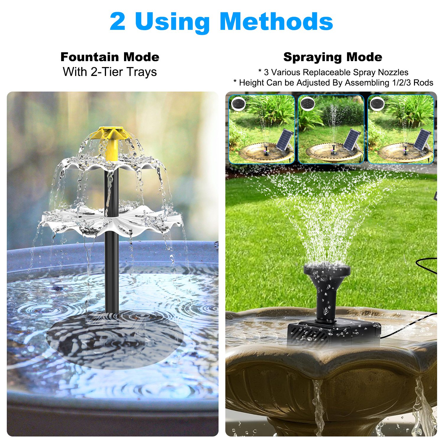 3Tier Solar Bird Bath Fountain Solar Powered Water Fountain Waterfall Feature With Colorful Light 3 Nozzles 6W Solar Panel For Bird Bath Patio Yard Pond Garden — image 11