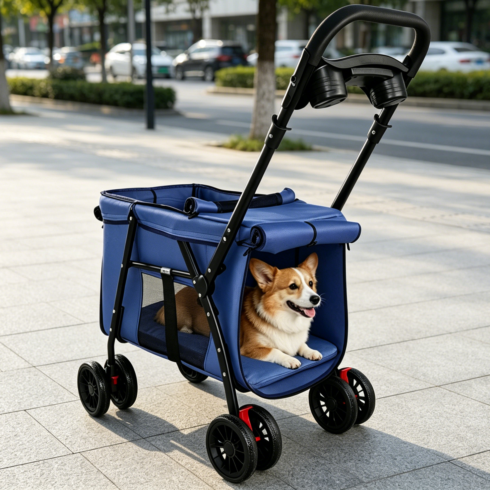 Pet Stroller, Foldable 4-Wheel Design, Breathable Mesh Dog Cat Stroller with Shockproof Wheels, Brake System, Storage Tray, 2 Fixed Safety Leashes, Large Space for Small Medium Pets, Navy Blue — image 16