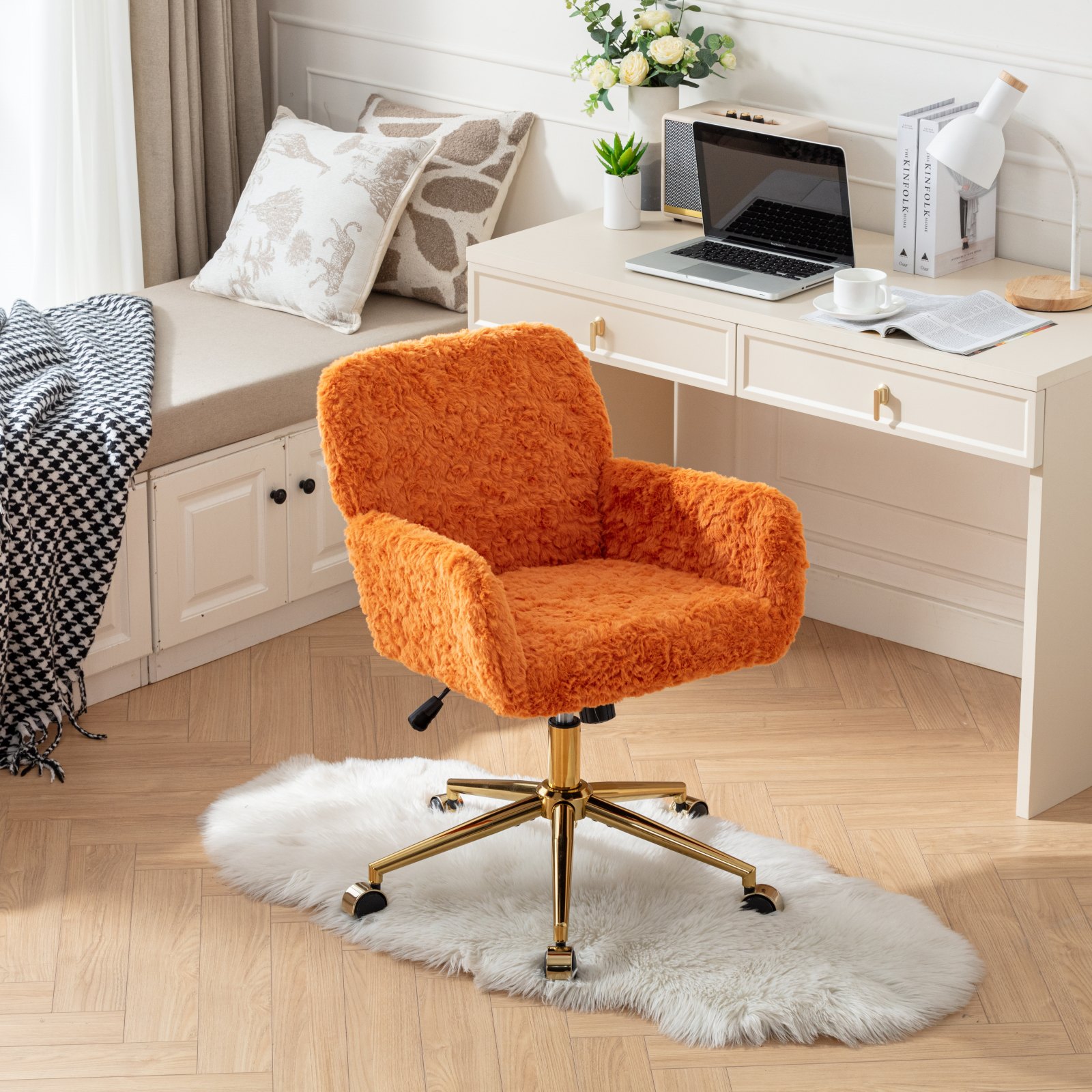 Silla de Oficina AA Furniture, Silla de Oficina en Casa con Pelo Sintético de Conejo y Base Metálica Dorada, Silla de Escritorio Giratoria Ajustable, Silla Tocador Naranja — imagen 1