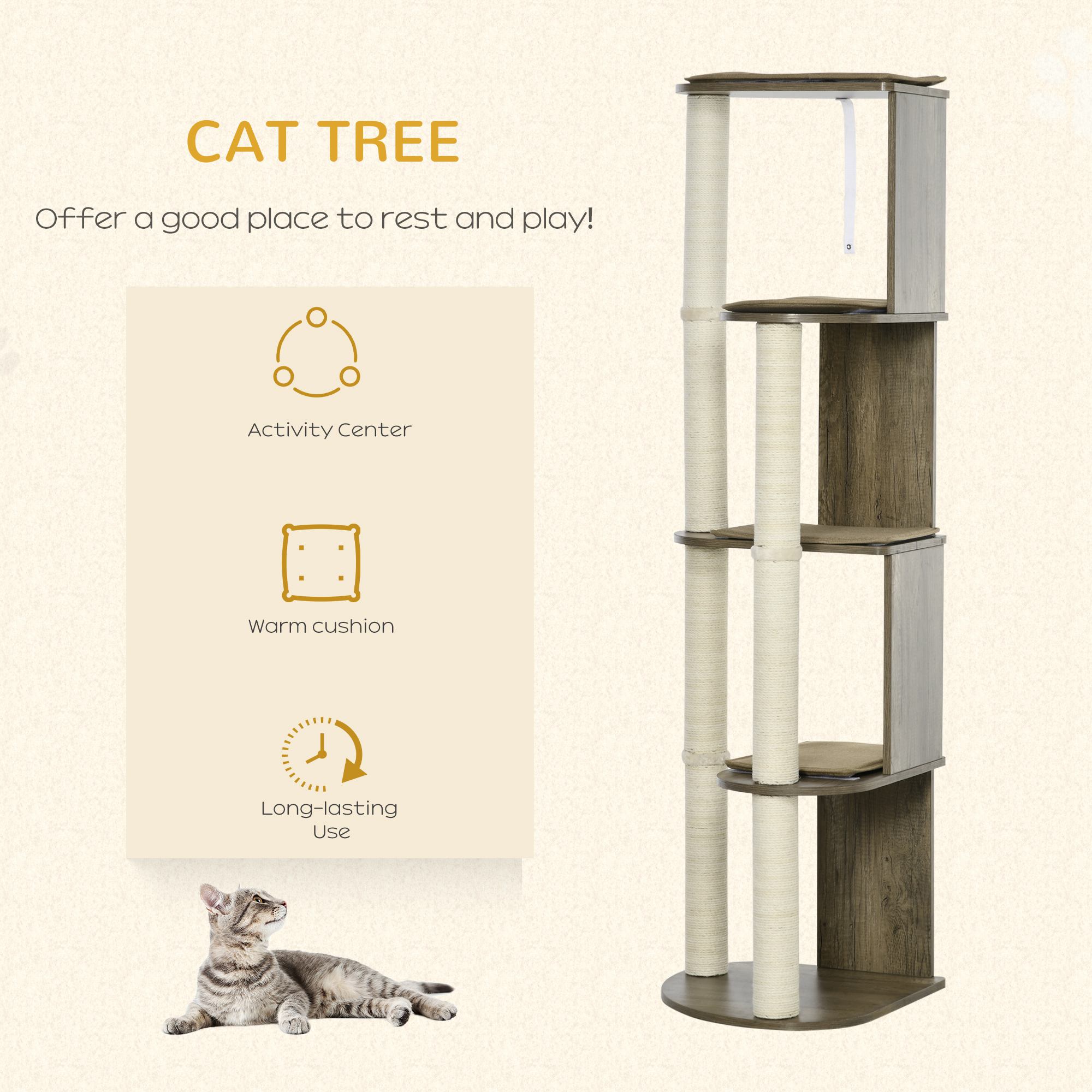 Árbol para Gatos de Esquina Moderno y Alto de 65" para Trepar, Torre Multinivel Grande con Postes Rascadores, Torre Compacta para Gatitos con Sisal, Blanco Crema — imagen 2