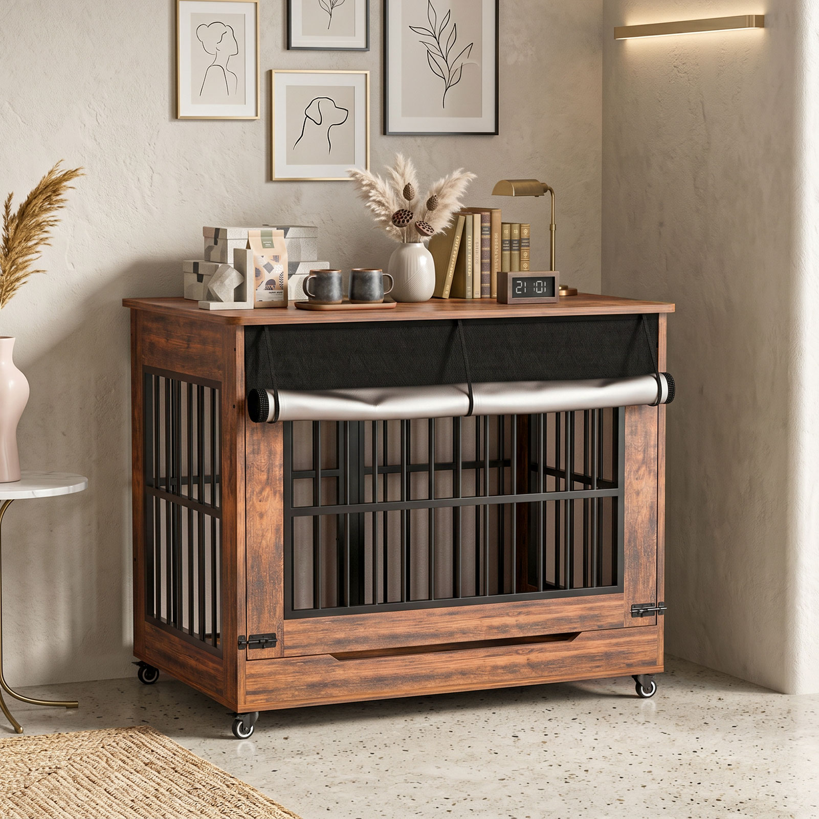 Large Dog Crate Furniture, Double Door Wooden Indoor Dog Kennel Furniture, Decorative Pet Cage End Table With Wheels For Large Breed Dogs, Size XL, Greige — image 7