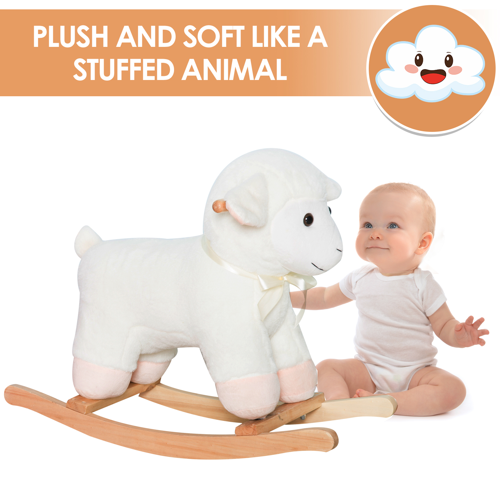Lamb Rocking Horse Sheep, Nursery Stuffed Animal Ride On Rocker For Kids, Wooden Plush, White — imagen 5