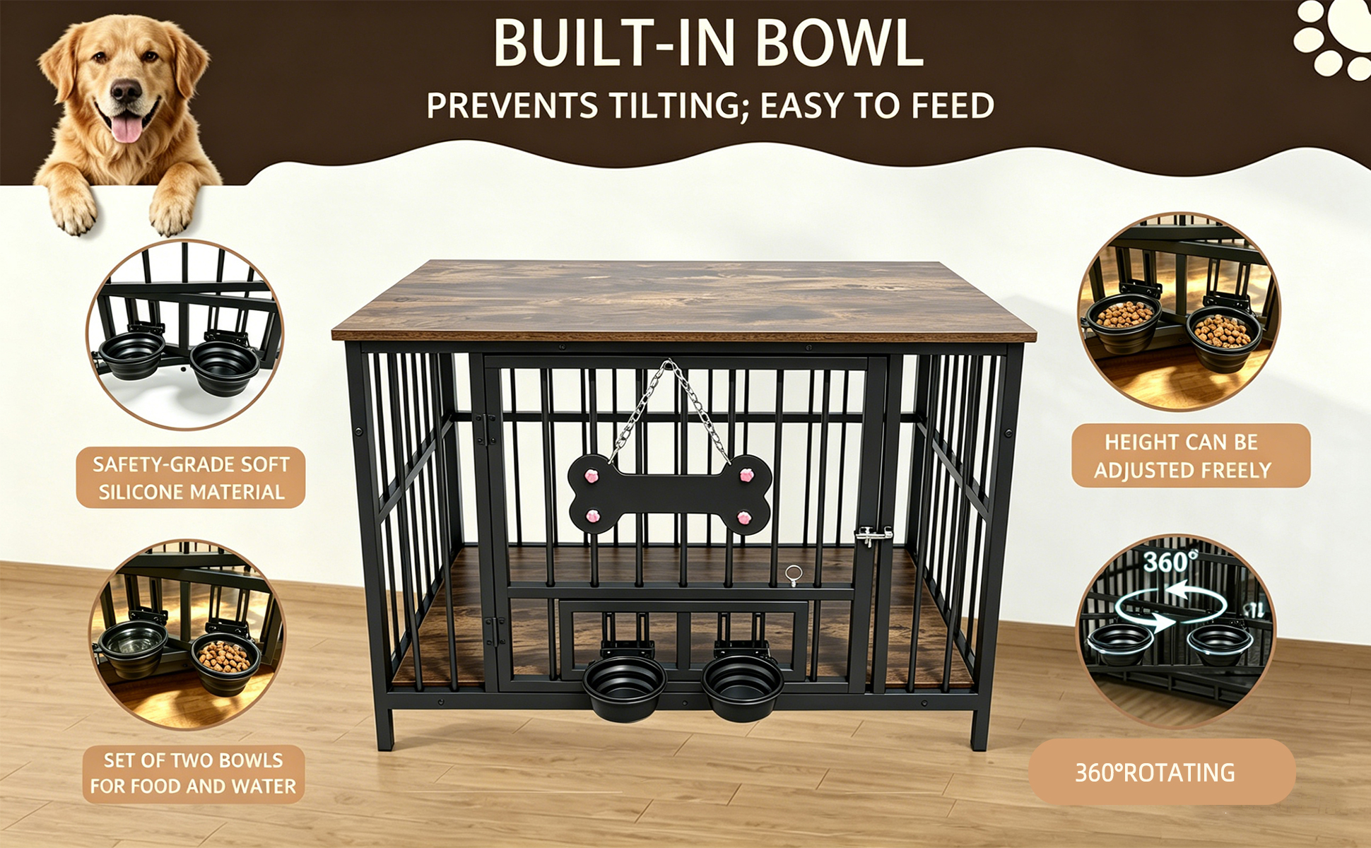 Caja de perro en madera antigua con borde de grano de madera, tazón giratorio 360° con material suave de silicona de seguridad grado — imagen 14