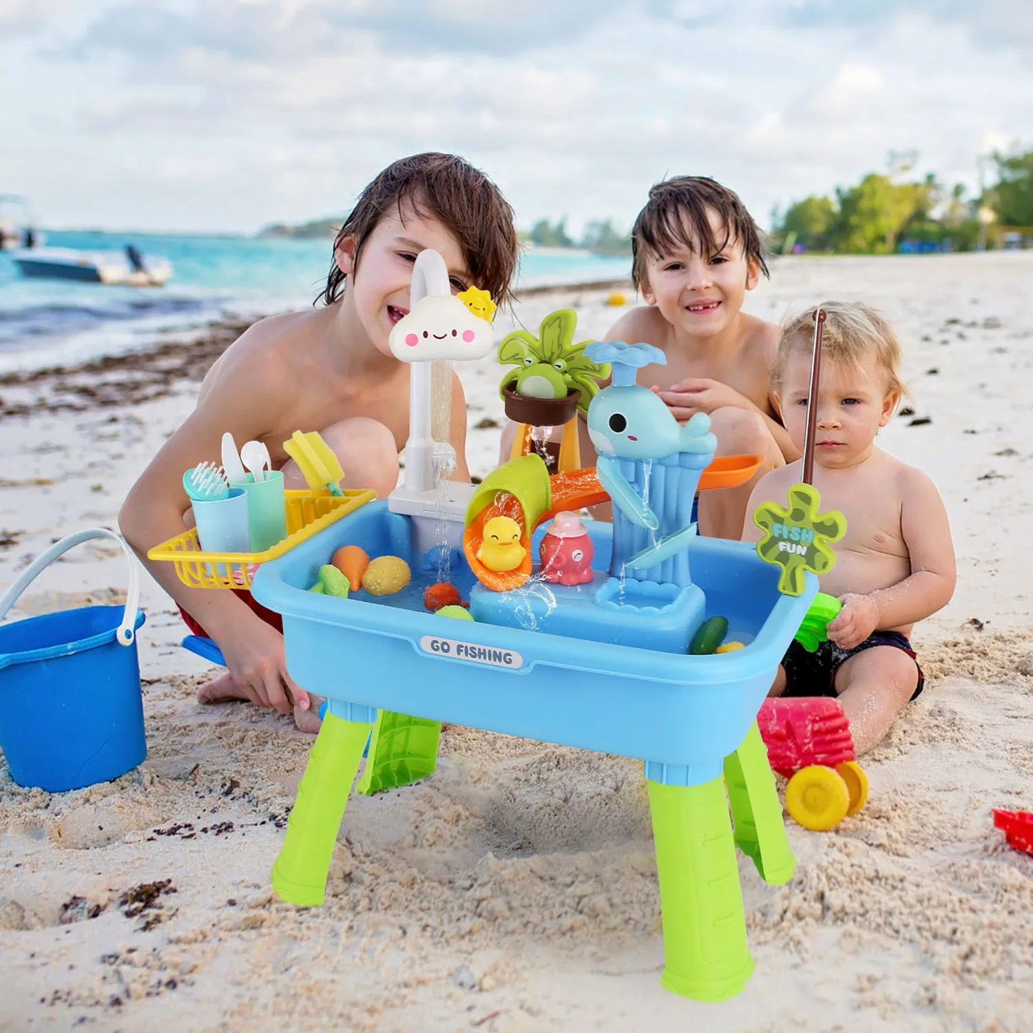 Juguete de Fregadero de Cocina 3 en 1 con Grifo Eléctrico, Mesa de Agua y Juego de Pesca, Set de Juego de Rol para Interior y Exterior, para Niños GPCT5464 — imagen 14
