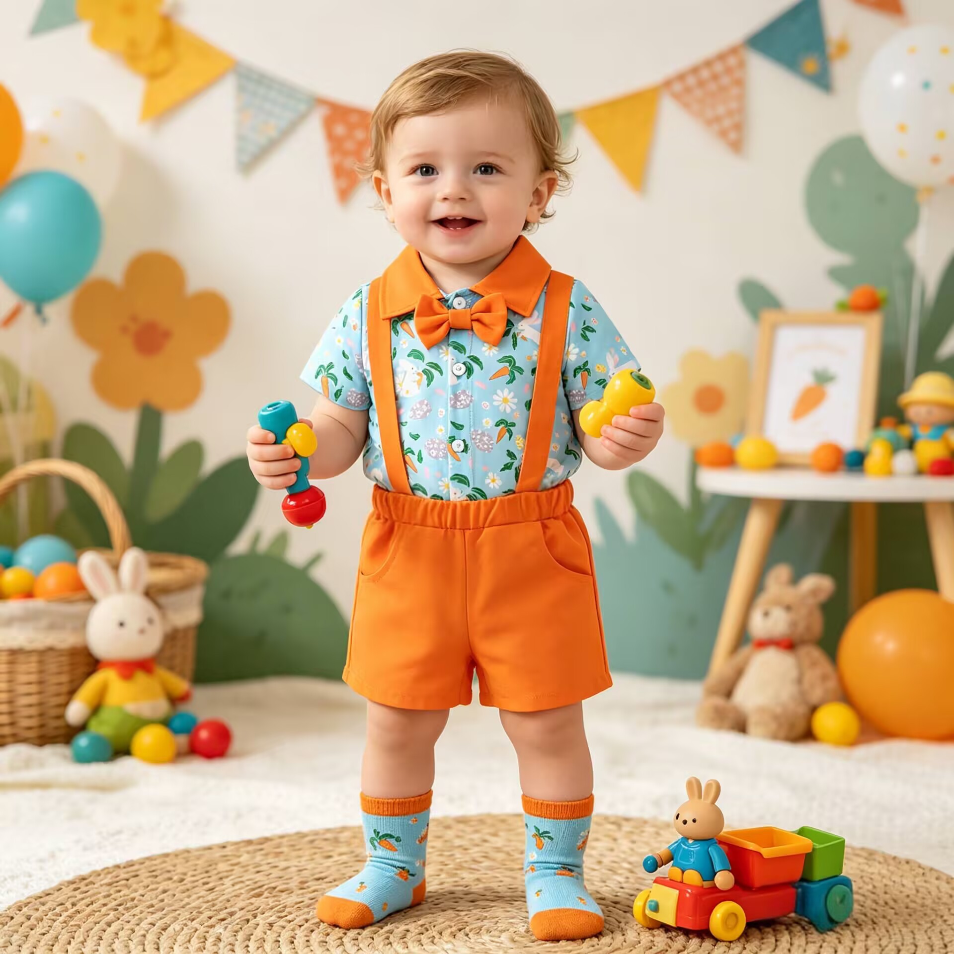 Baby Clothes Summer Lightweight Rabbit All-Over Print Shirt Romper with Overalls Shorts Two-Piece Set Boy Formal Outfit Set — image 2