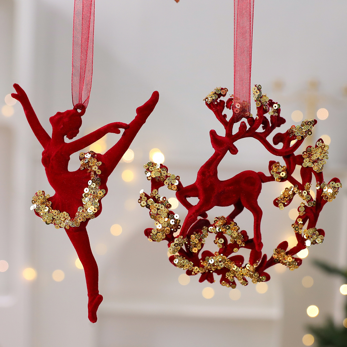 Christmas Decoration Velvet Red Wreath Bow Deer Ornament Tree Hanging Decor — imagen 4