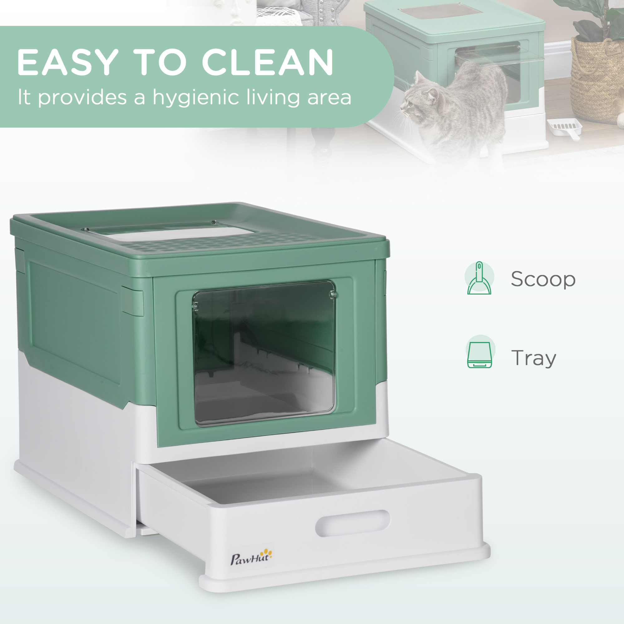 Caja de Arena para Gatos Sellada con Entrada en Frente y Salida por el Techo, Plástico, Verde y Blanco — imagen 3