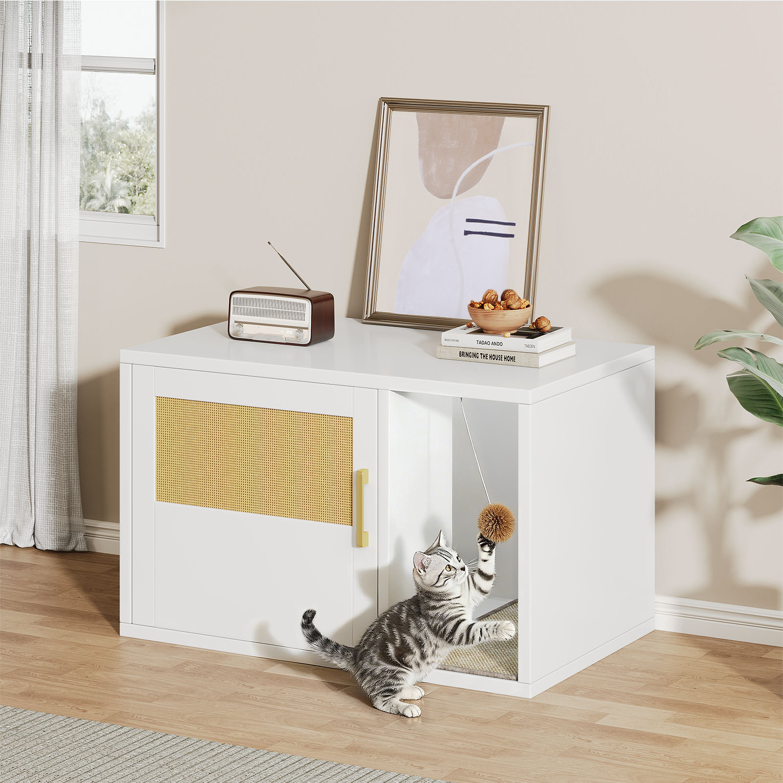 Caja de Limpieza para Gatos Multifuncional de Diseño Blanco Moderno Casa para Gatos con Lavabo y Mesa de Sílabo para Dormitorio y Salón — imagen 9
