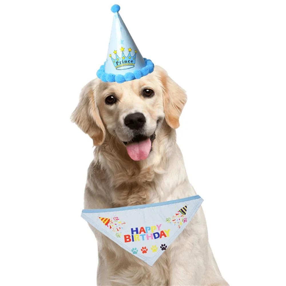 2 Piezas/Set de Sombrero y Babero para Perro, Bandana de Cumpleaños Ajustable, Pañuelo para el Cuello, Sombrero y Babero de Cumpleaños para Gatos y Perros, Accesorios para Mascotas — imagen 1