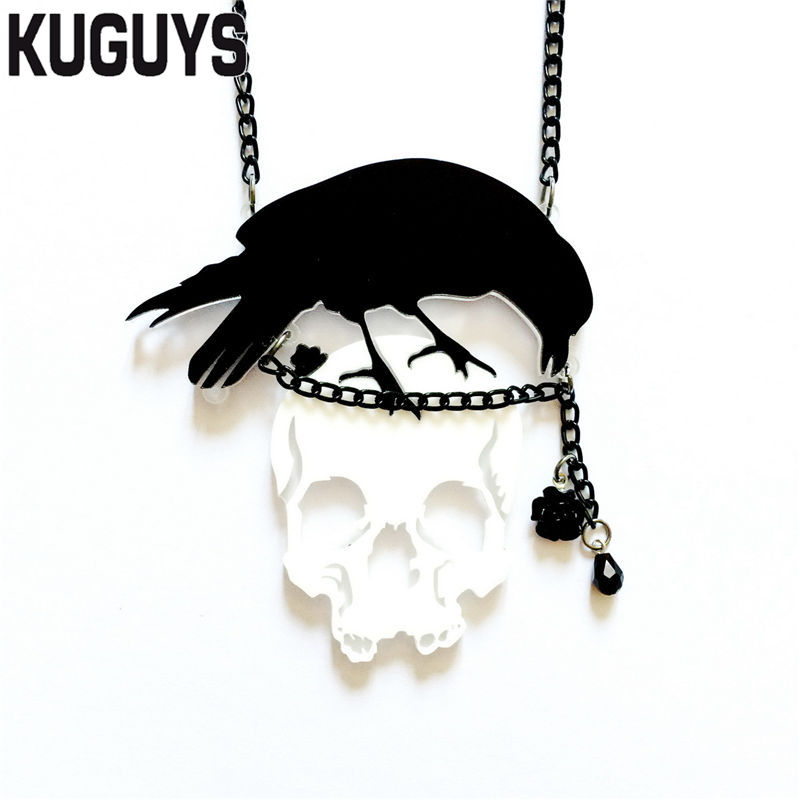 Joyas de Acetato de Moda para Mujer Negra con Cuervo y Calavera Blanca Pendiente Grande Cadena de Enlace Hip-Hop Rock — imagen 1