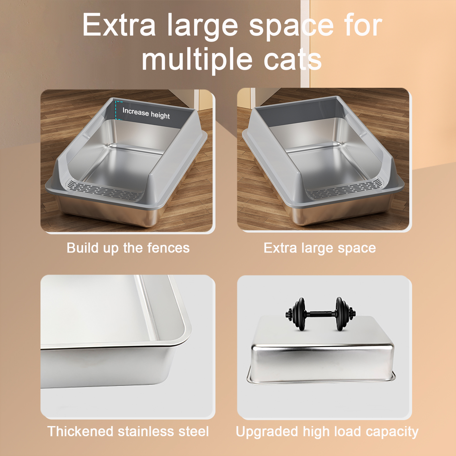 Caja de Arena de Acero Inoxidable Grande, Diseño Semi-cerrado Resbaloso y Hermético, Tapete Removible, Ideal para Gatos Grandes y Más — imagen 12