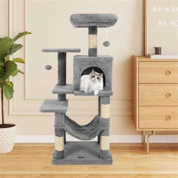 Rascador para gatos de 44" de varios niveles con amplia percha superior, condominio de 2 puertas y hamaca, para gatos de interior - Gris claro — imagen 2