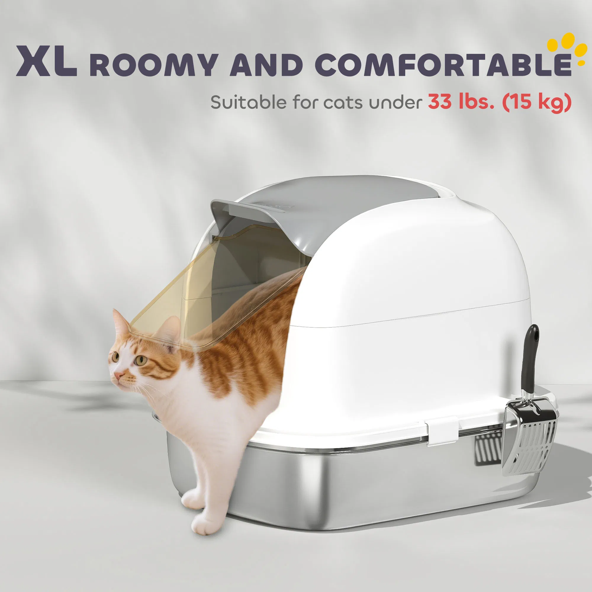 XL Stainless Steel Cat Litter Box with Lid for Big Cats, Enclosed Cat Litter Box with Flip Cover, Scoop — image 4