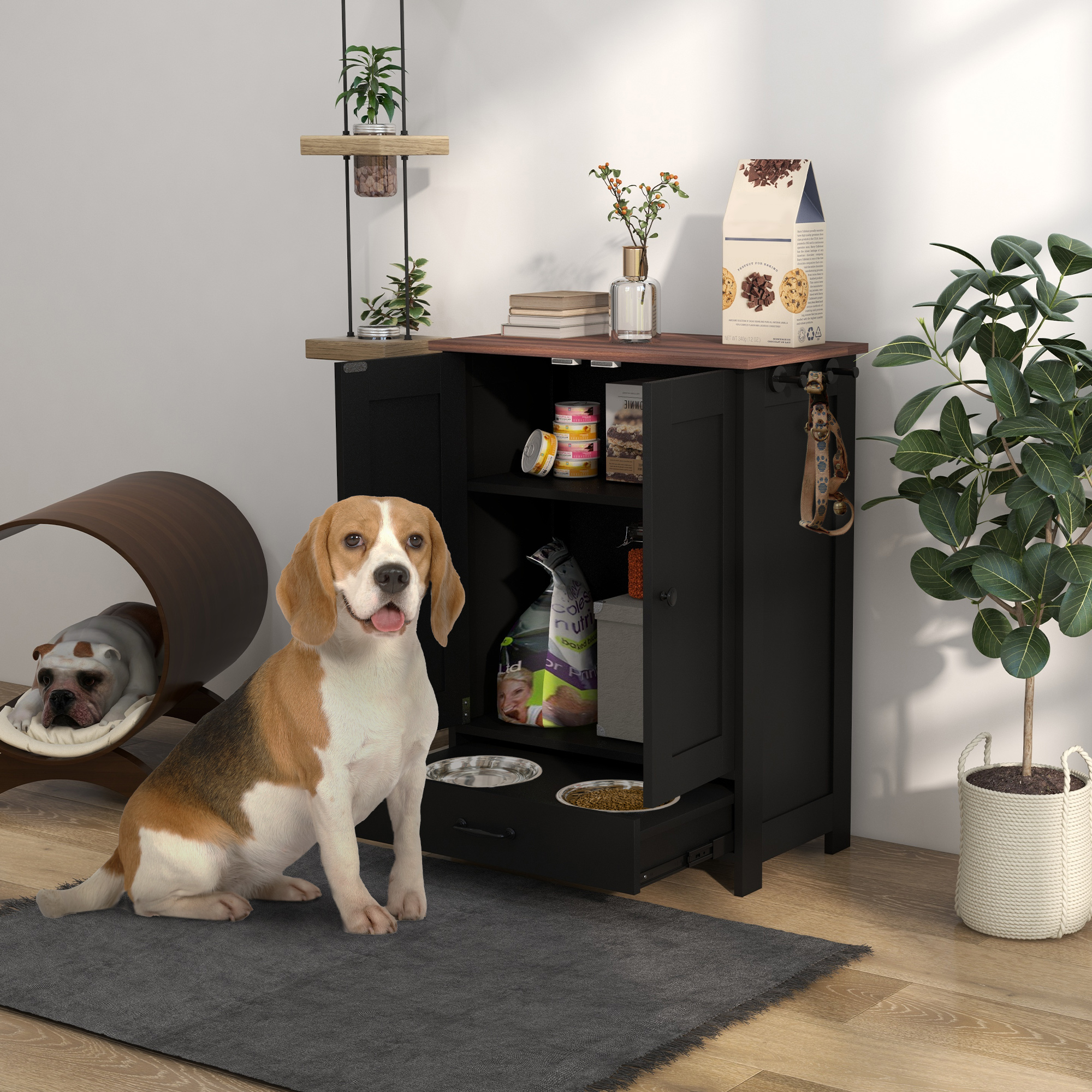 Estación de Alimentación para Mascotas, Armario de Alimento Canino con Tazas Altas Ajustables y Ganchos para Perros Medianos, Negro — imagen 1