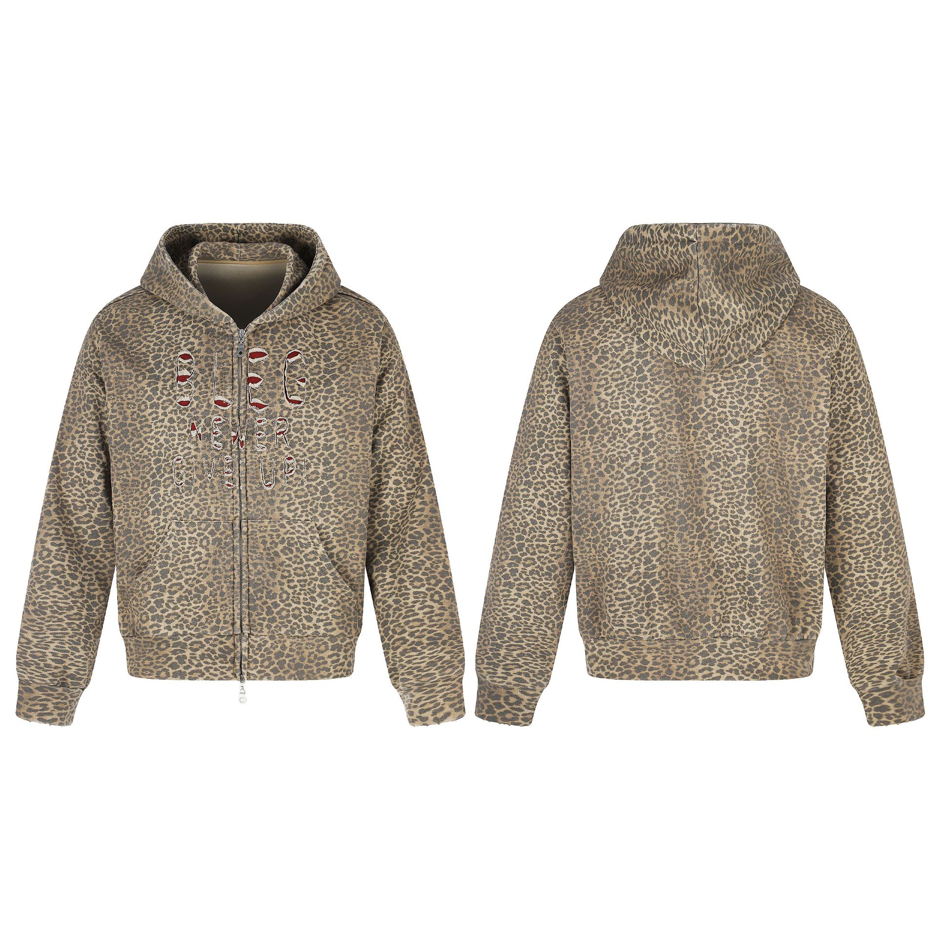 Leopard Print Full Print Embroidered Ripped Letter Hooded Zip-Up Sweatshirt — image 6