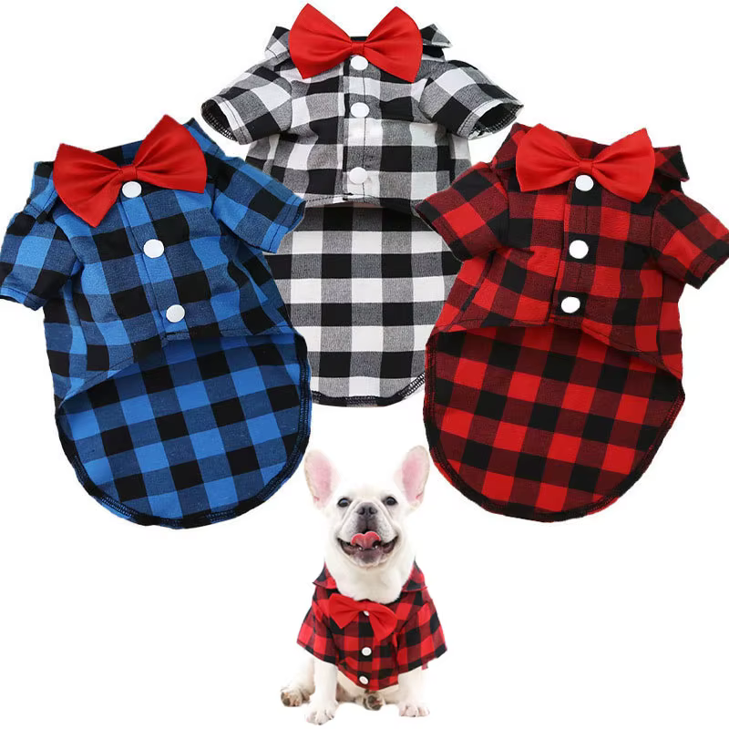 Pet Dog Clothes Plaid Shirt Suit Tie Gown Spring Summer Puppy Coat Teddy Bear Pomeranian Vest Small-Medium Dog Cat Pet Costume — image 1