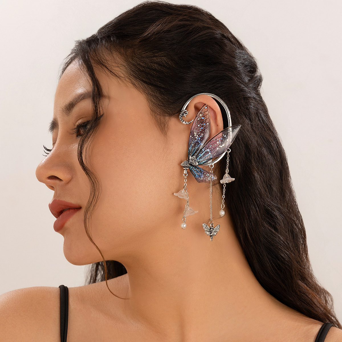Forest style elf ear tassel ear hanging butterfly outline earring jewelry wing ear clip — image 2