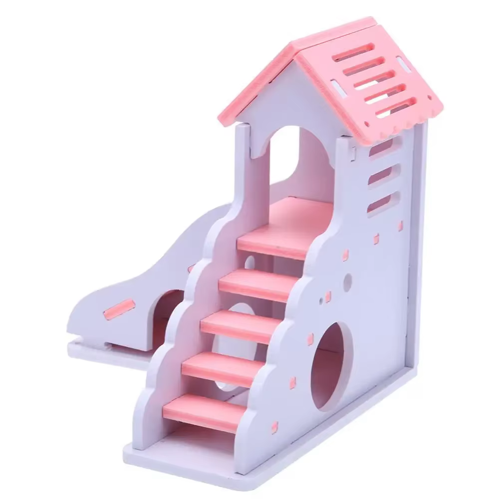 Colorful Mini Eco-board Wooden Slide DIY Assemble Hamster House Small Animals Pet Toy Double Stair-style Castle Pavilion Villa — image 3