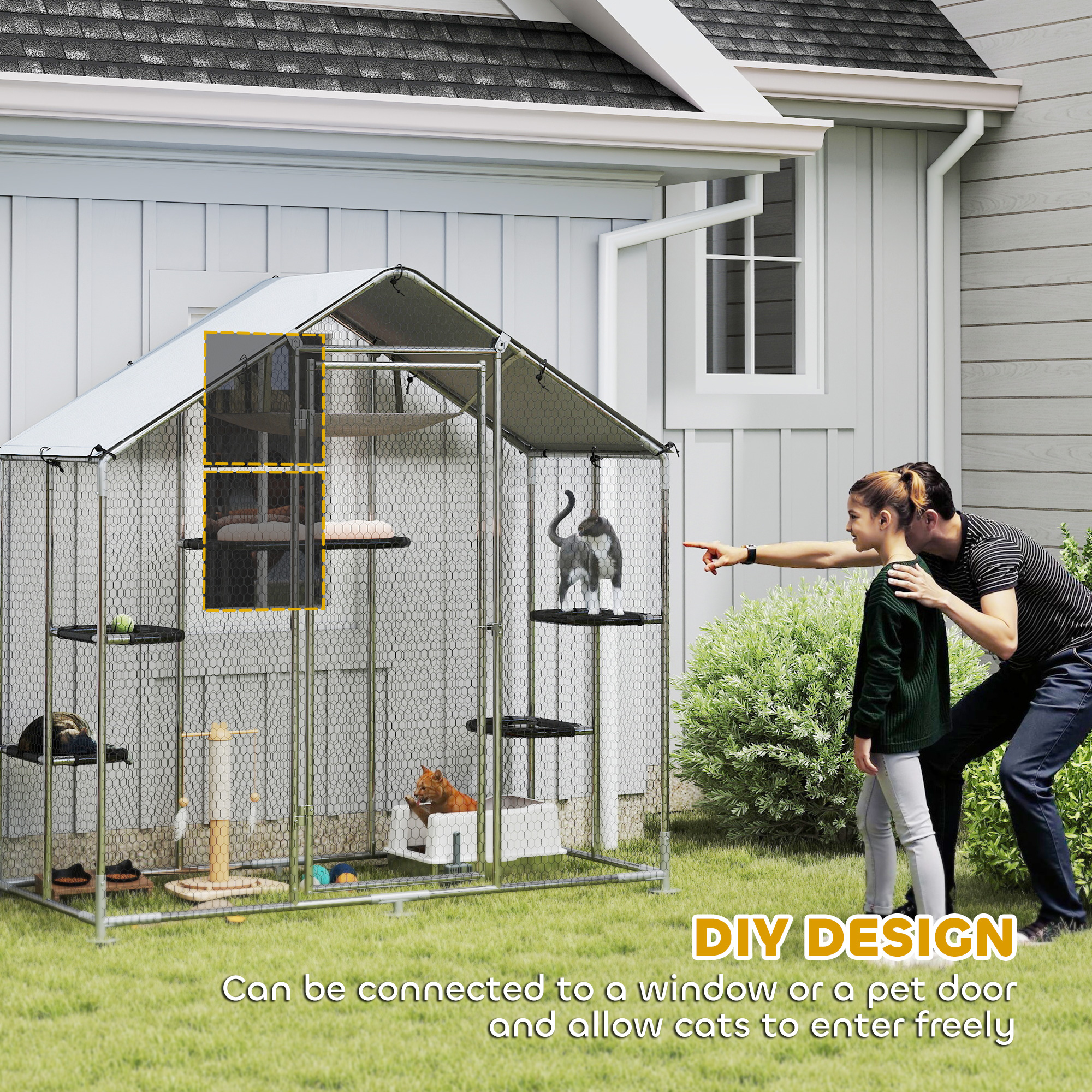 Catio al aire libre grande para gatos con cubierta impermeable, patio para caminar con 5 plataformas ajustables y hamaca — imagen 3