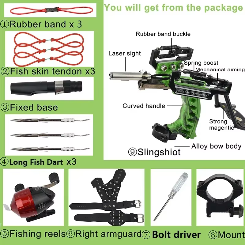 Resortera Metálica con Láser de 4 Colores para Pesca con Arpón, Resortera para Caza y Tiro con Dardos al Aire Libre, Paquete con Bandas de Goma, Carrete y Guantes — imagen 3