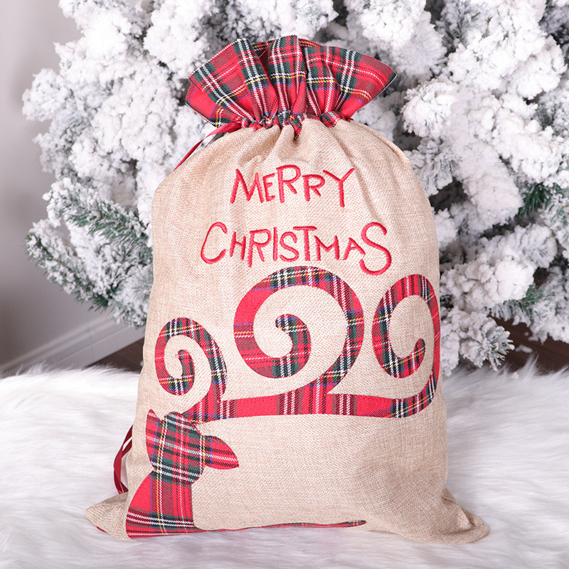 Santa Claus Little Deer Christmas Linen Gift Bag Drawstring Ribbon Candy Bag Christmas Decorative Apple Bag — image 5