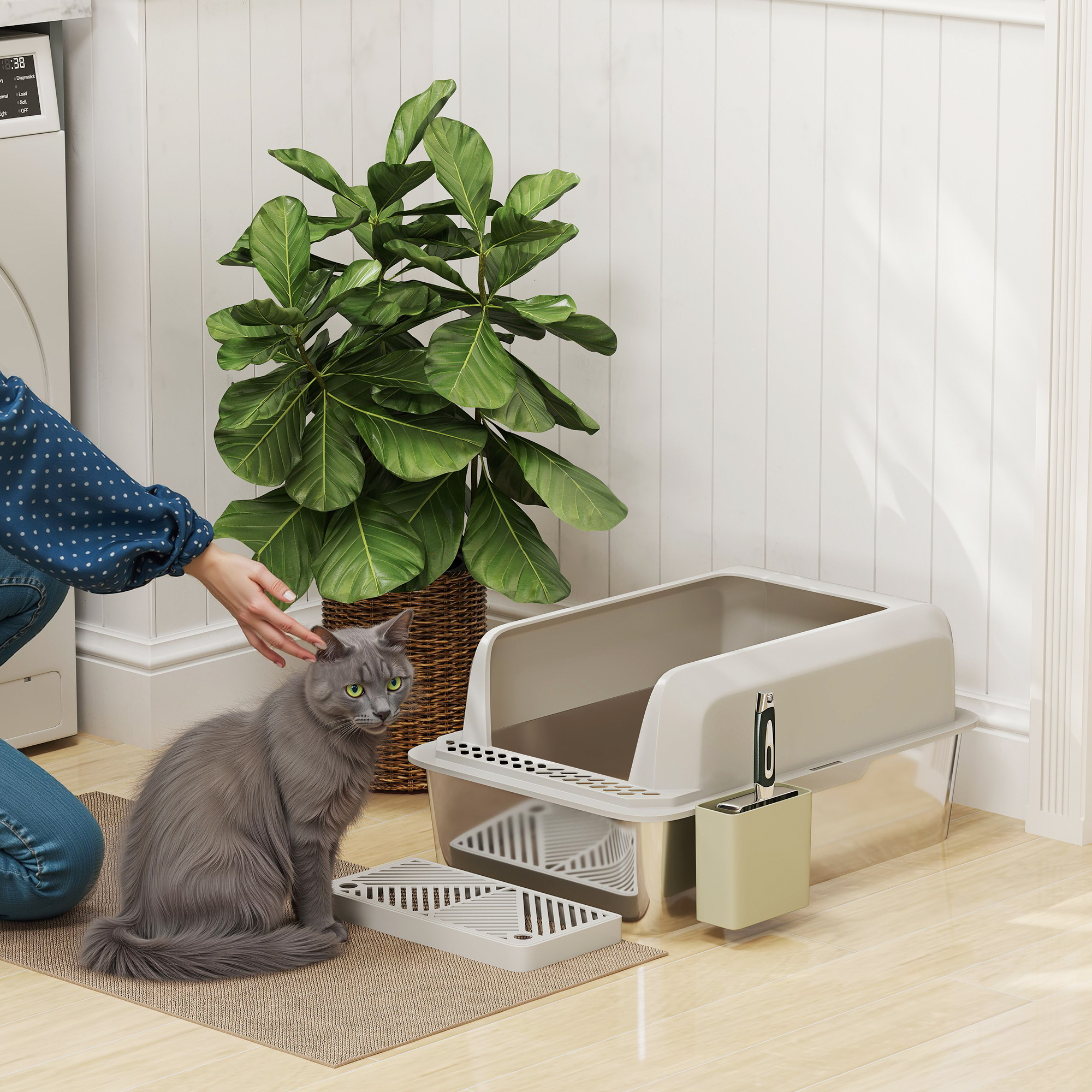 Caja de Arena Estilo Acero Inoxidable con Cuchara y Soporte, Altas Pareces, Prevención de Derrames Urinarios, Anti-Resbalón — imagen 3