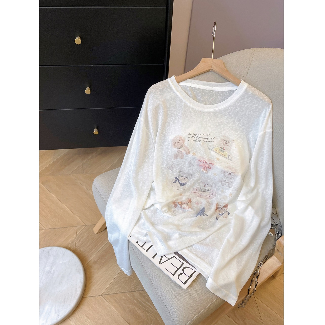 Women's Polyester Summer Lightweight Tee with Beaded Dog Pattern, Sun Protection Cover-up — image 2