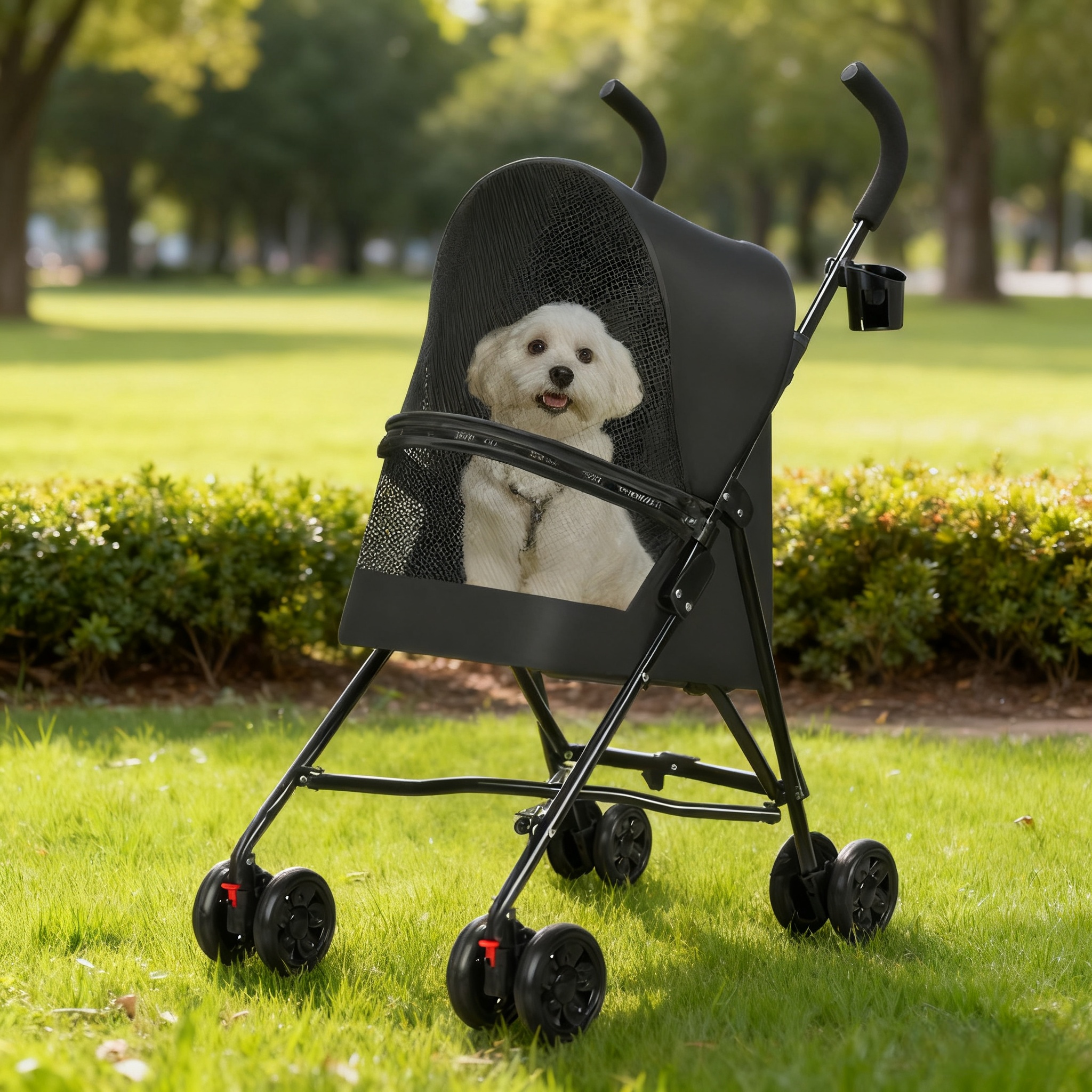 Carril para Pequeños Perros Gatos con Ventilación de Malla, Diseño Ligero Plegable, Taza Integrada, Negro — imagen 1